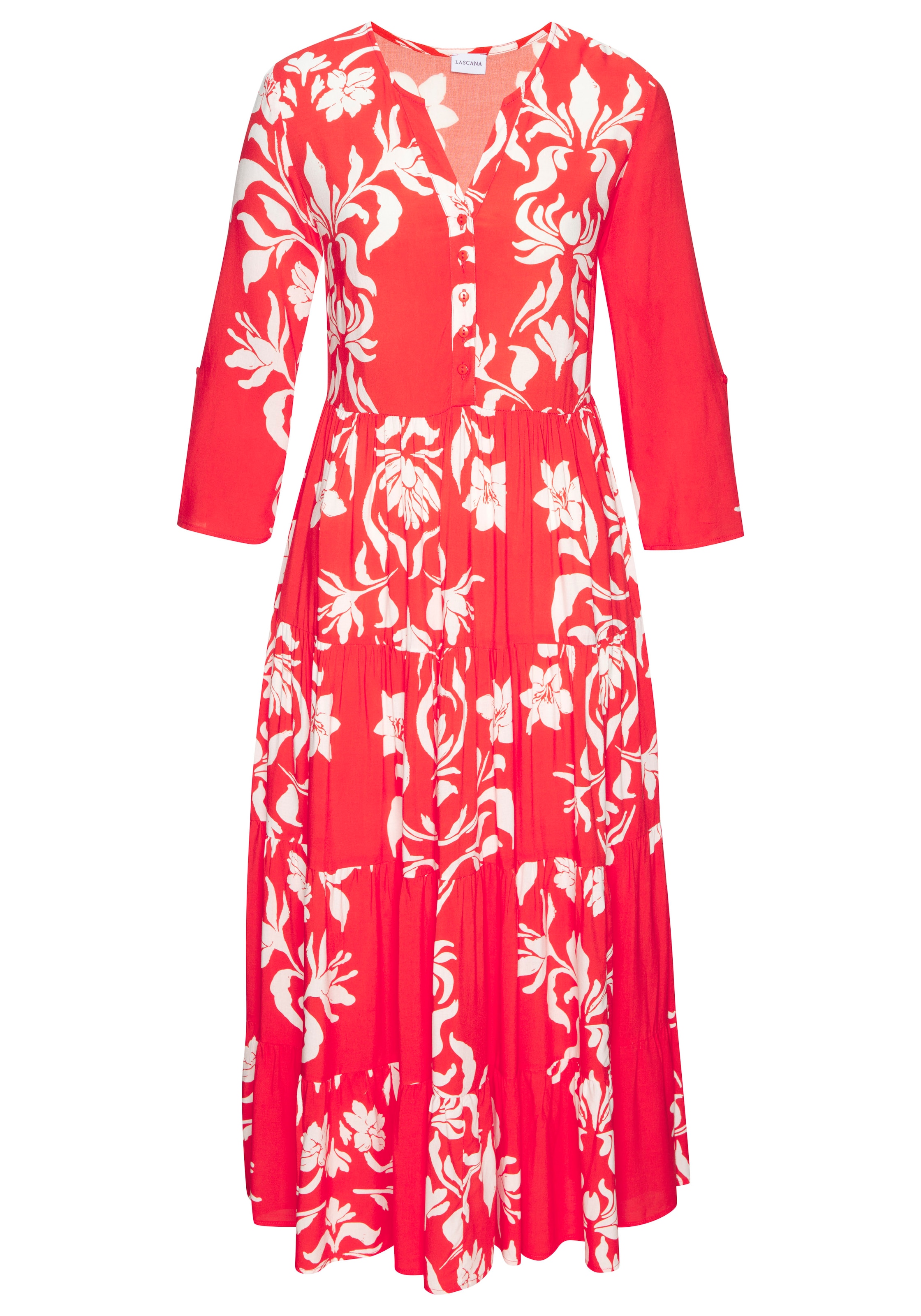 LASCANA Maxi robe avec imprimé floral et patte de boutonnage, robe d'été, robe de plage