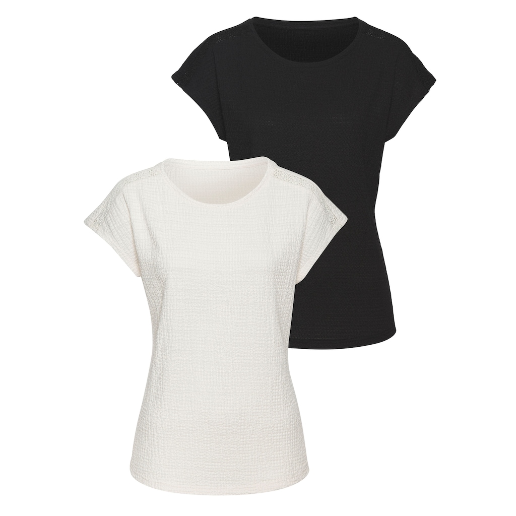 Vivance Kurzarmshirt »mit dekorativem Häkeleinsatz«, (2er-Pack), aus bügelfreier Crêpe-Qualität