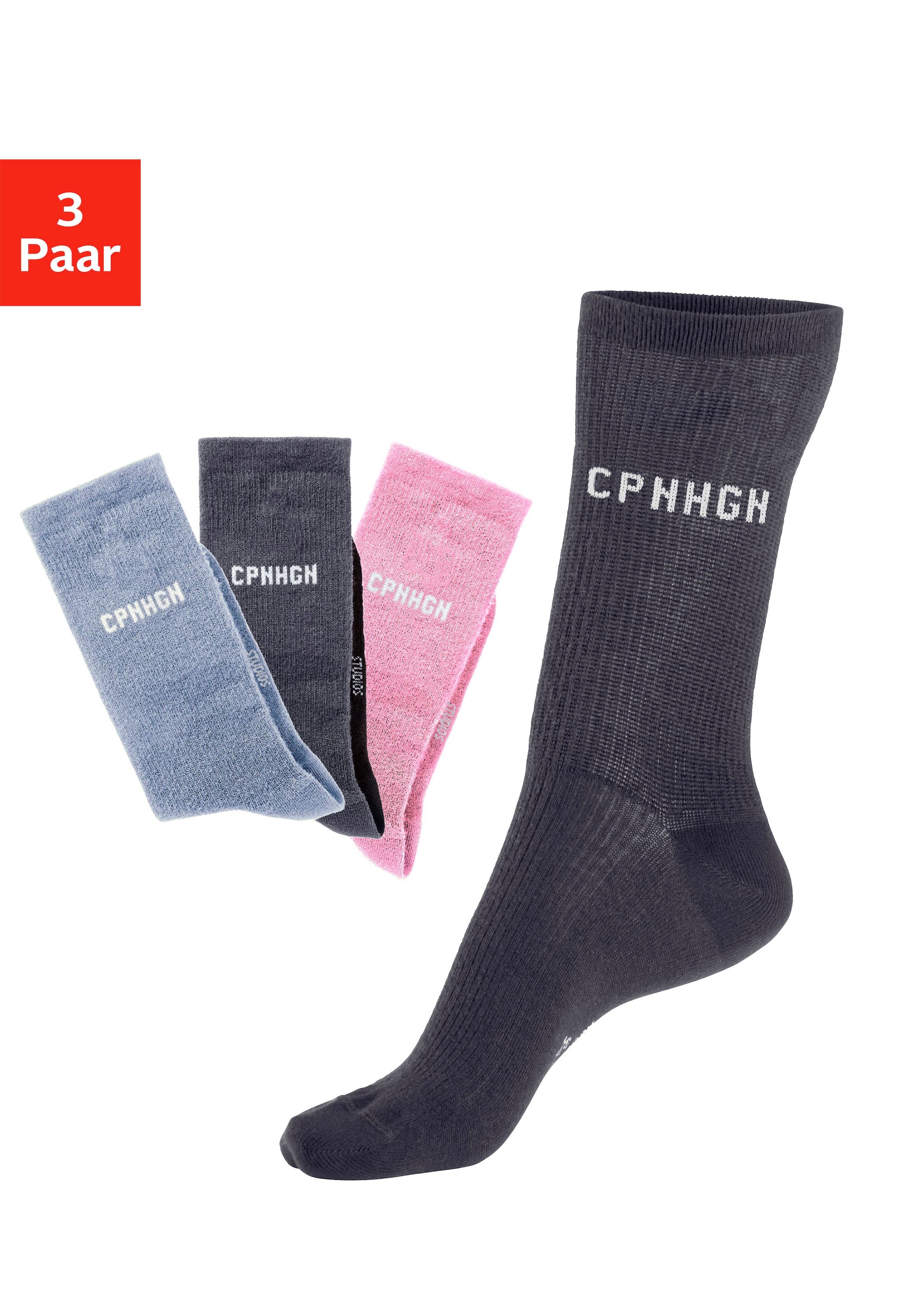 Copenhagen Studios Basicsocken Packung, 3 Paar tlg. mit Rippstruktur und Stickerei