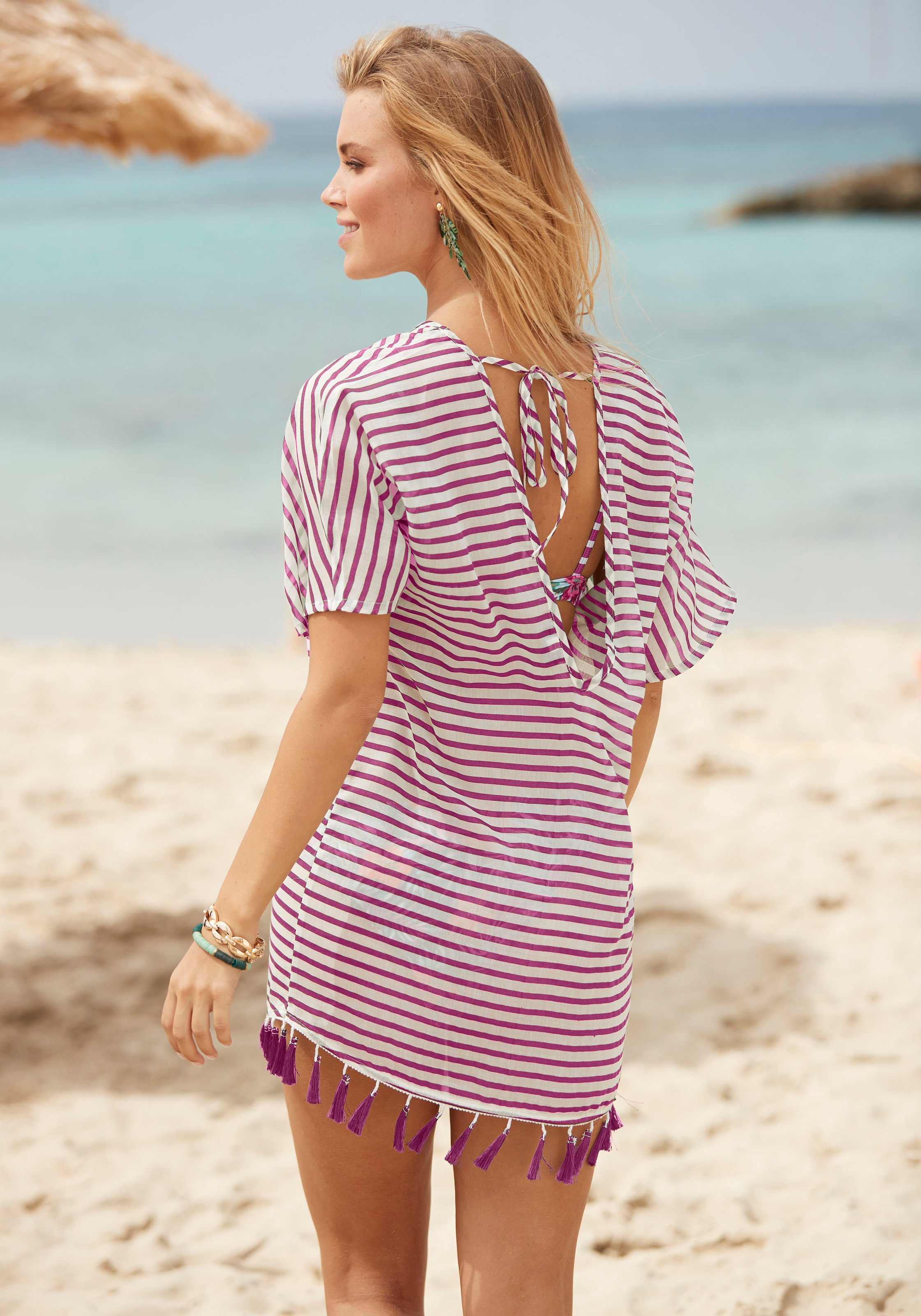 Venice Beach Chiffontunika mit Streifenprint, Quasten mit Fransen, Cover-Up