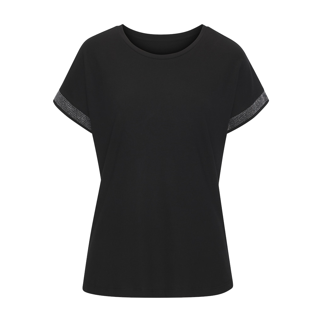 LASCANA Kurzarmshirt »mit glitzernem Strass-Design am Arm«, aus weicher Baumwoll-Qualität