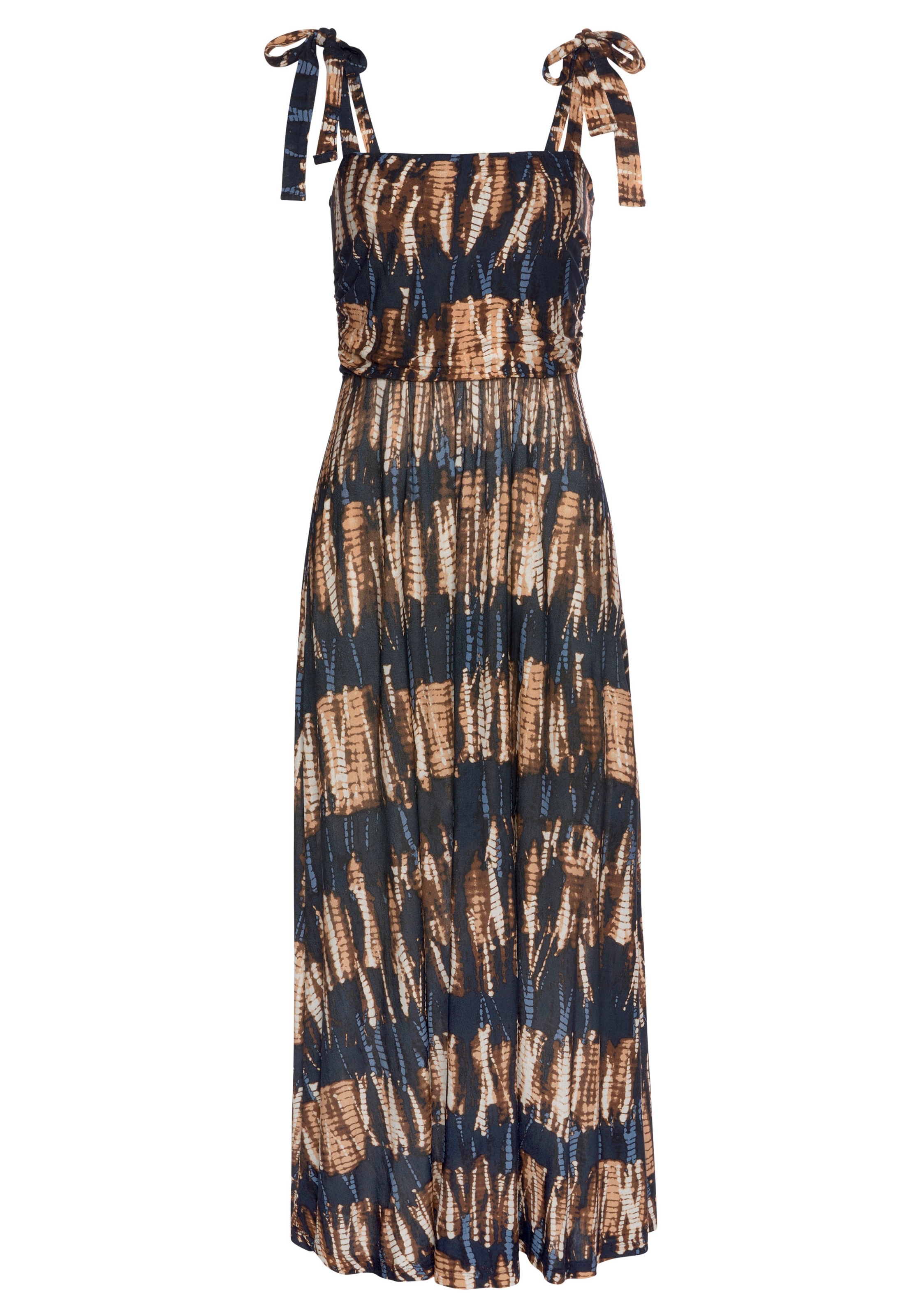 Buffalo Maxikleid "mit Trägern zum Knoten im Alloverprint" Ohne Taschen Sommerkleid, Strandkleid mit hohem Beinschlitz, Trägerkleid, casual