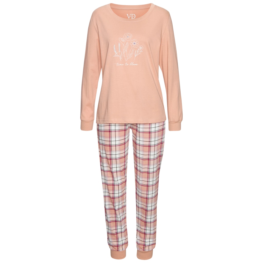 Vivance Dreams Pyjama, (Set, 2 Stück), Langarmshirt mit süssem Frontprint und karierter Hose