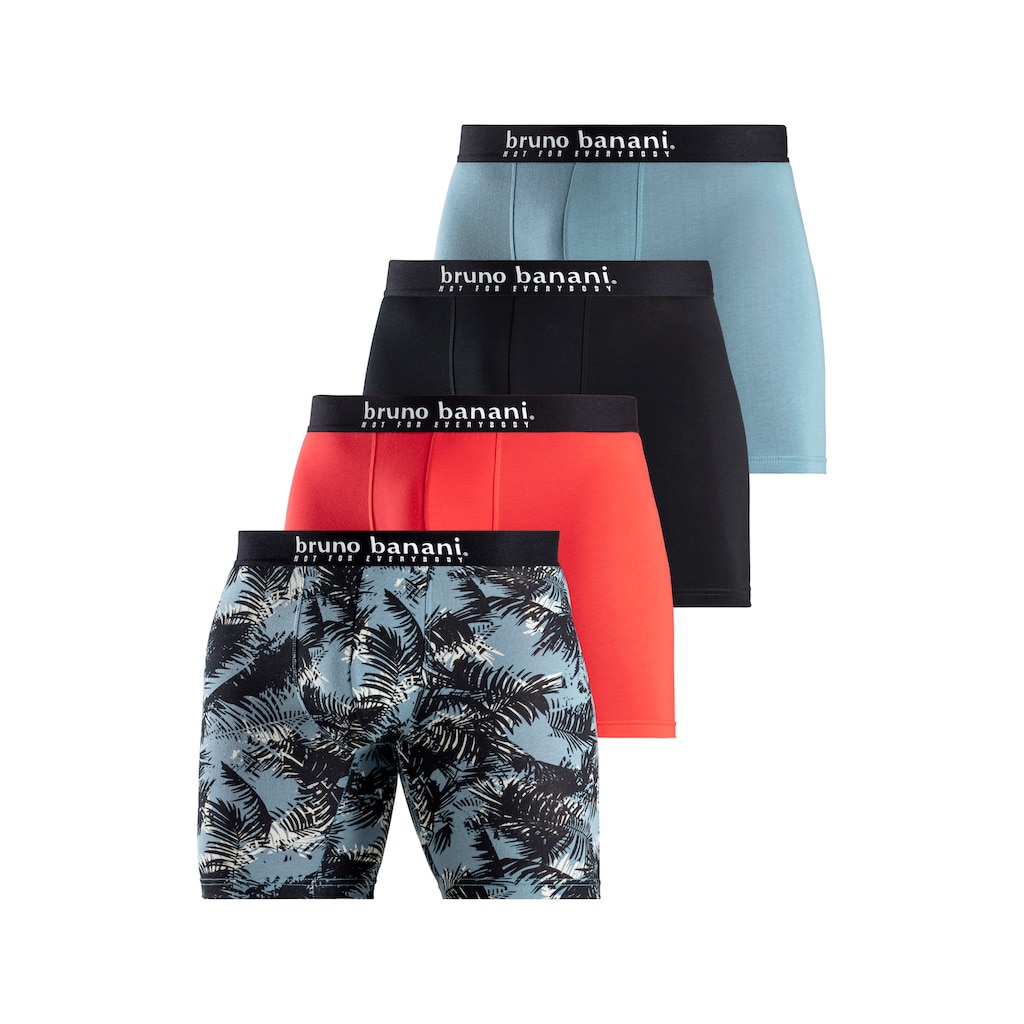 Bruno Banani Langer Boxer, (Packung, 4 St., 4er-Pack), mit Palmendruck und unifarben aus Baumwollmischung