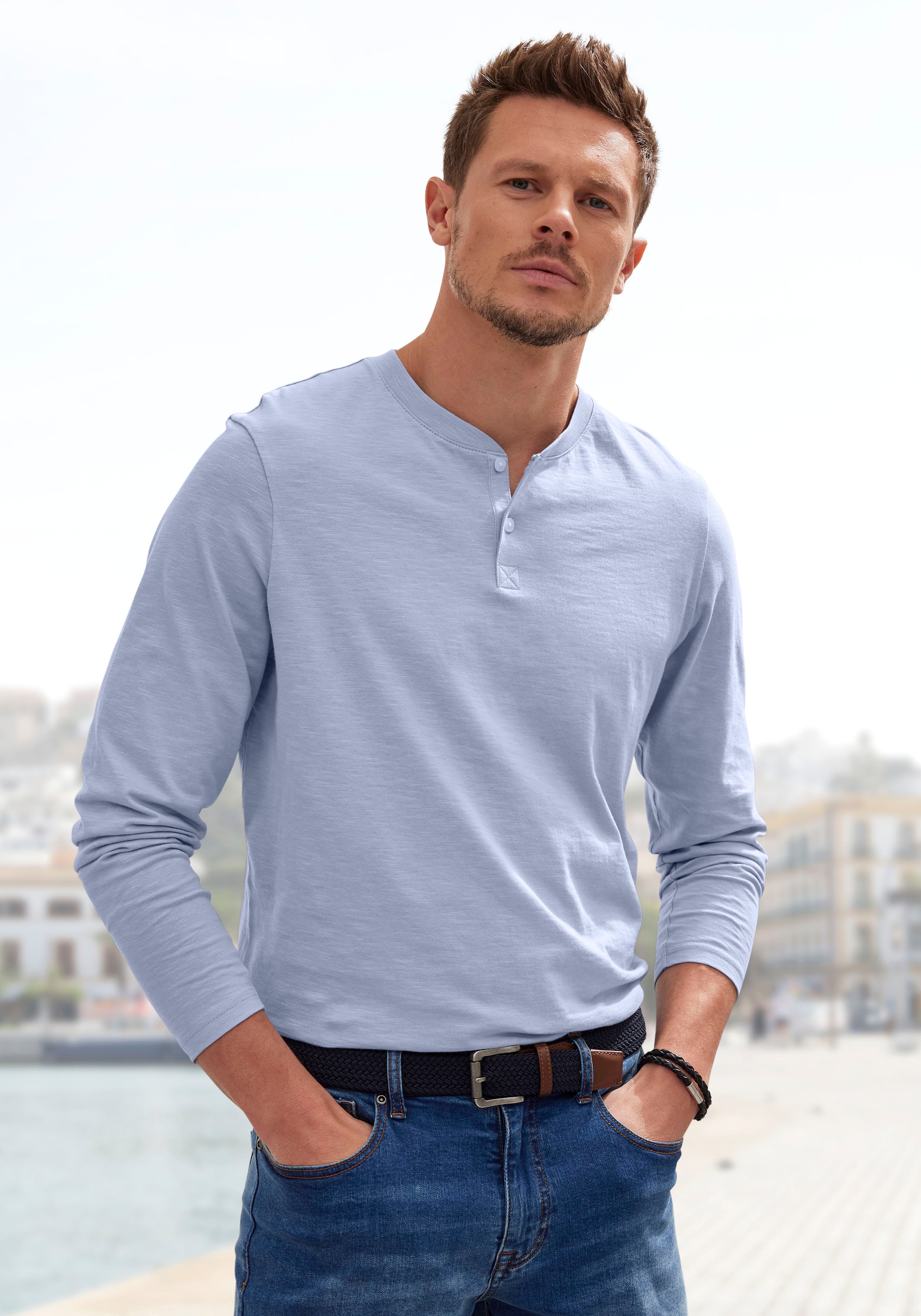 H.I.S Langarmshirt »- Henleyshirt langarm« Langarm, Shirt mit Knopfleiste aus strukturierter Baumwoll-Qualität