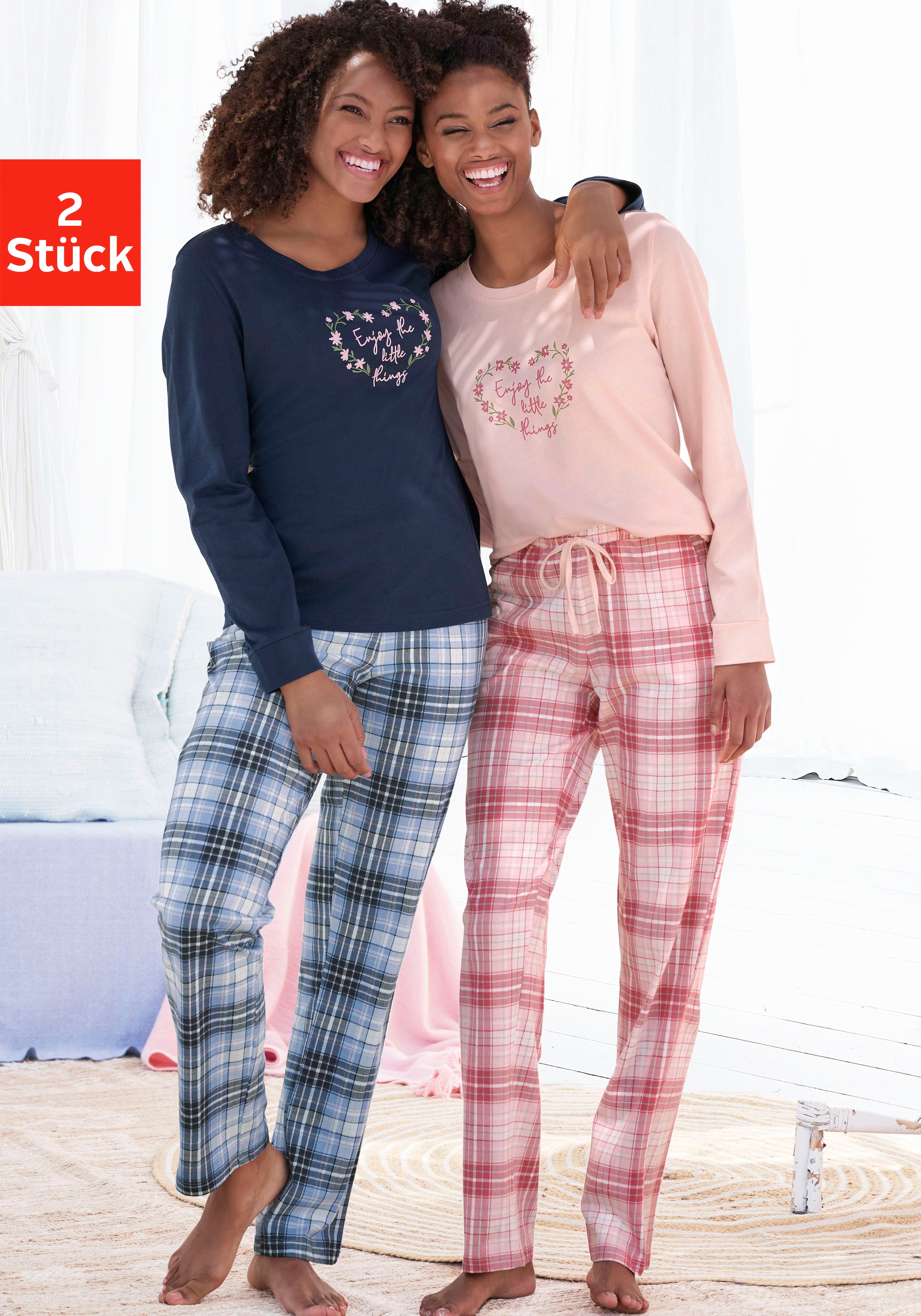 Vivance Dreams Pyjama 2 Stück, 4 tlg. mit Karo- und Blumendruck im Doppelpack