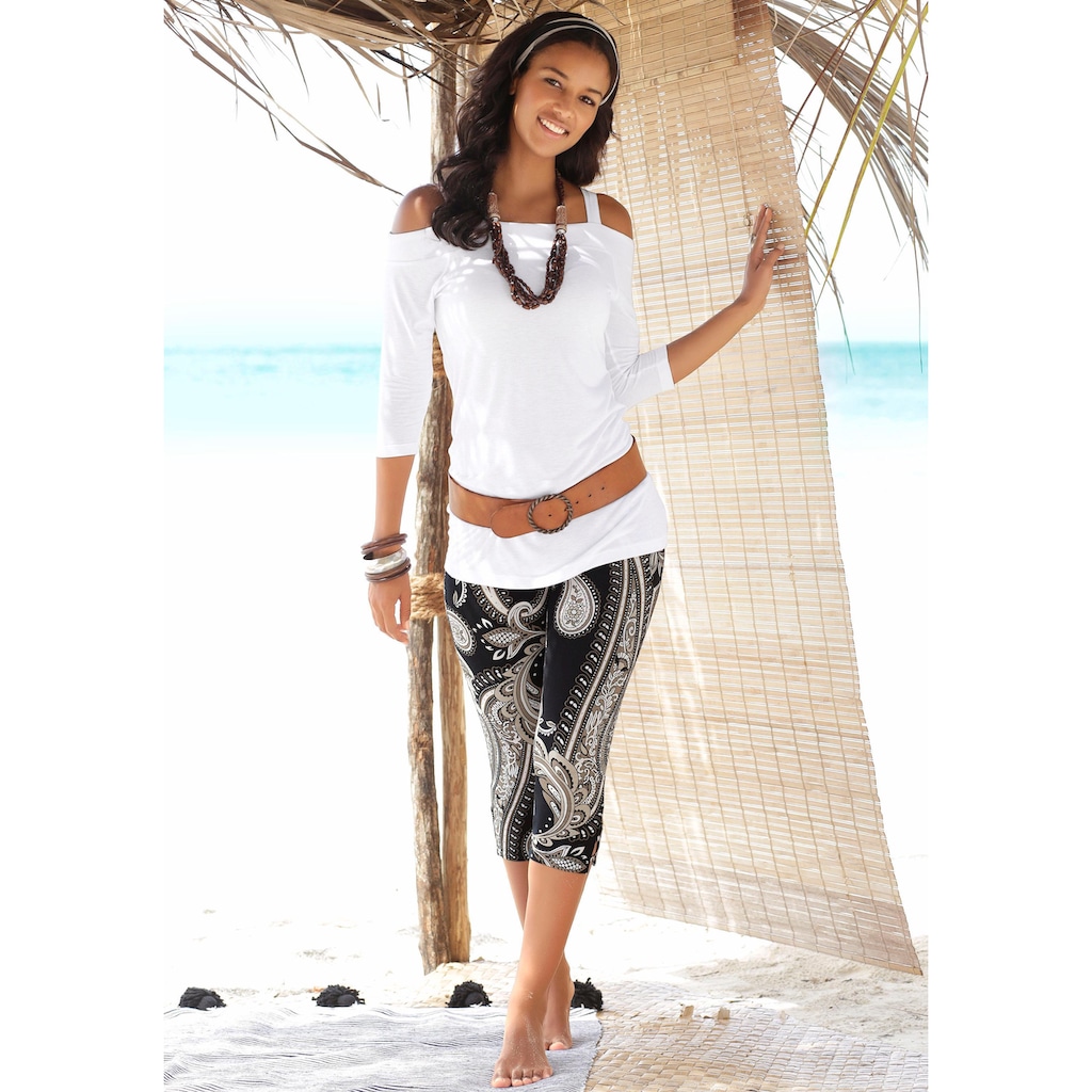 LASCANA Caprileggings, mit Zierbändern am Beinabschluss, Allover-Druck, 3/4-Länge