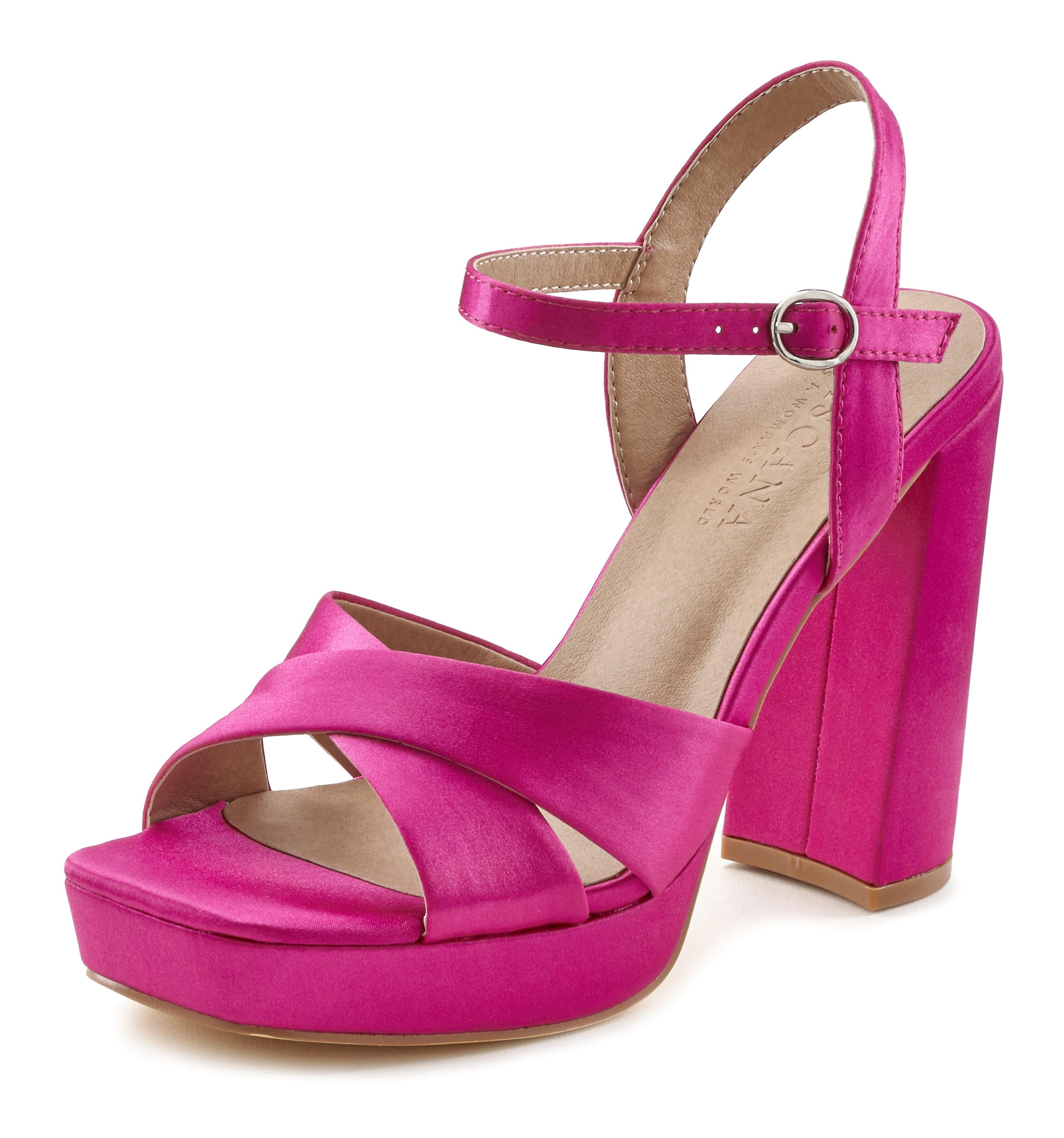 LASCANA Riemchensandalette, High Heel Sandale mit Plateau & Blockabsatz in Satin Optik VEGAN