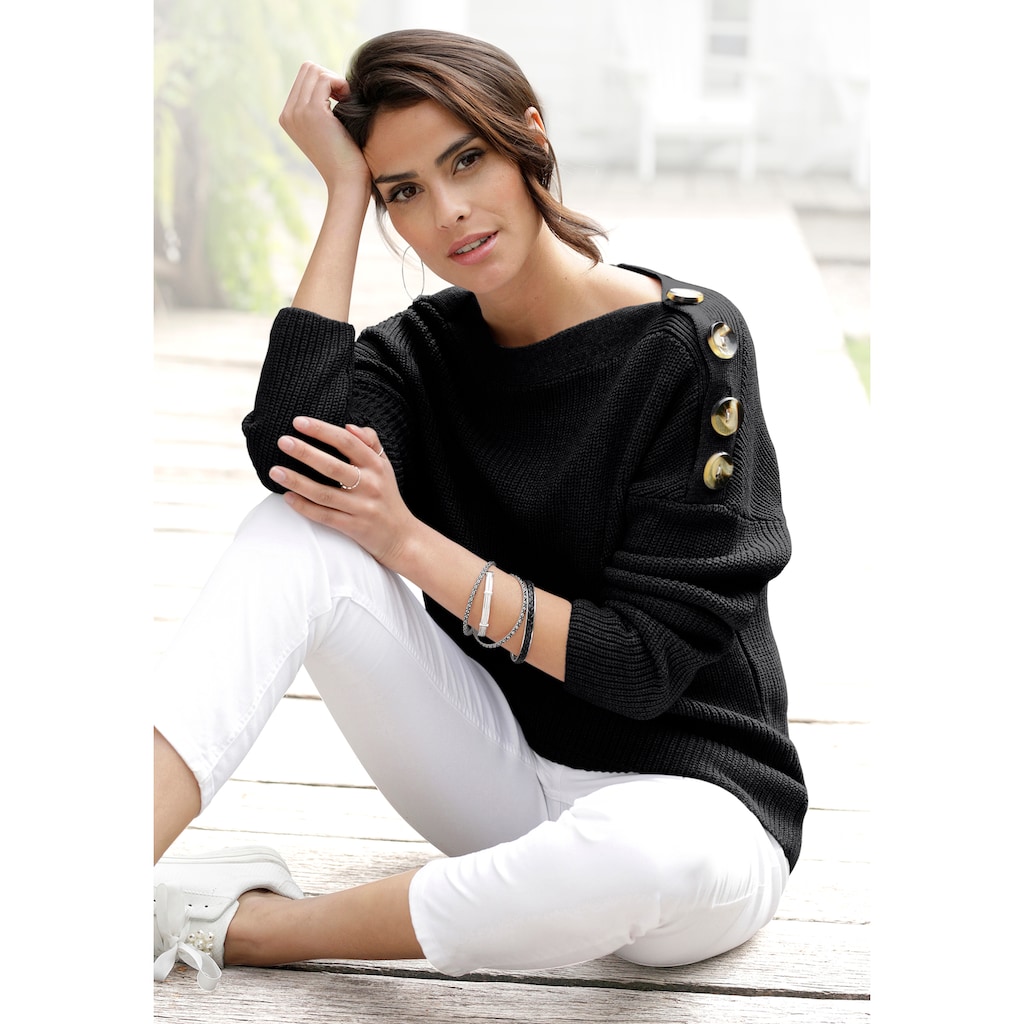 LASCANA Strickpullover, mit Knöpfen im Off-Shoulder-Style, Damenpullover aus Baumwoll-Mix
