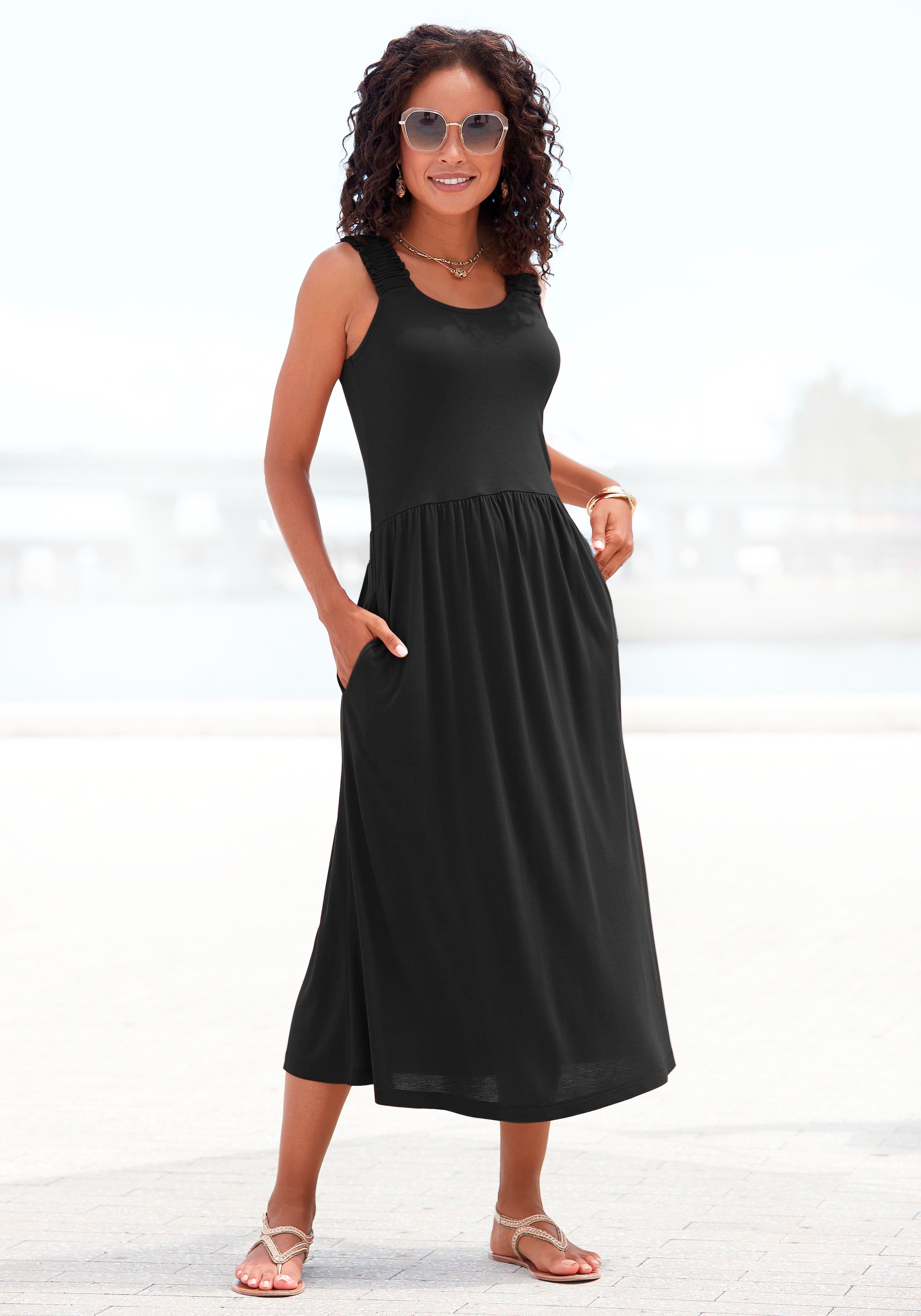Beachtime Jerseykleid Seitennahttaschen mit Taschen, knielanges Sommerkleid, Strandkleid, Basic