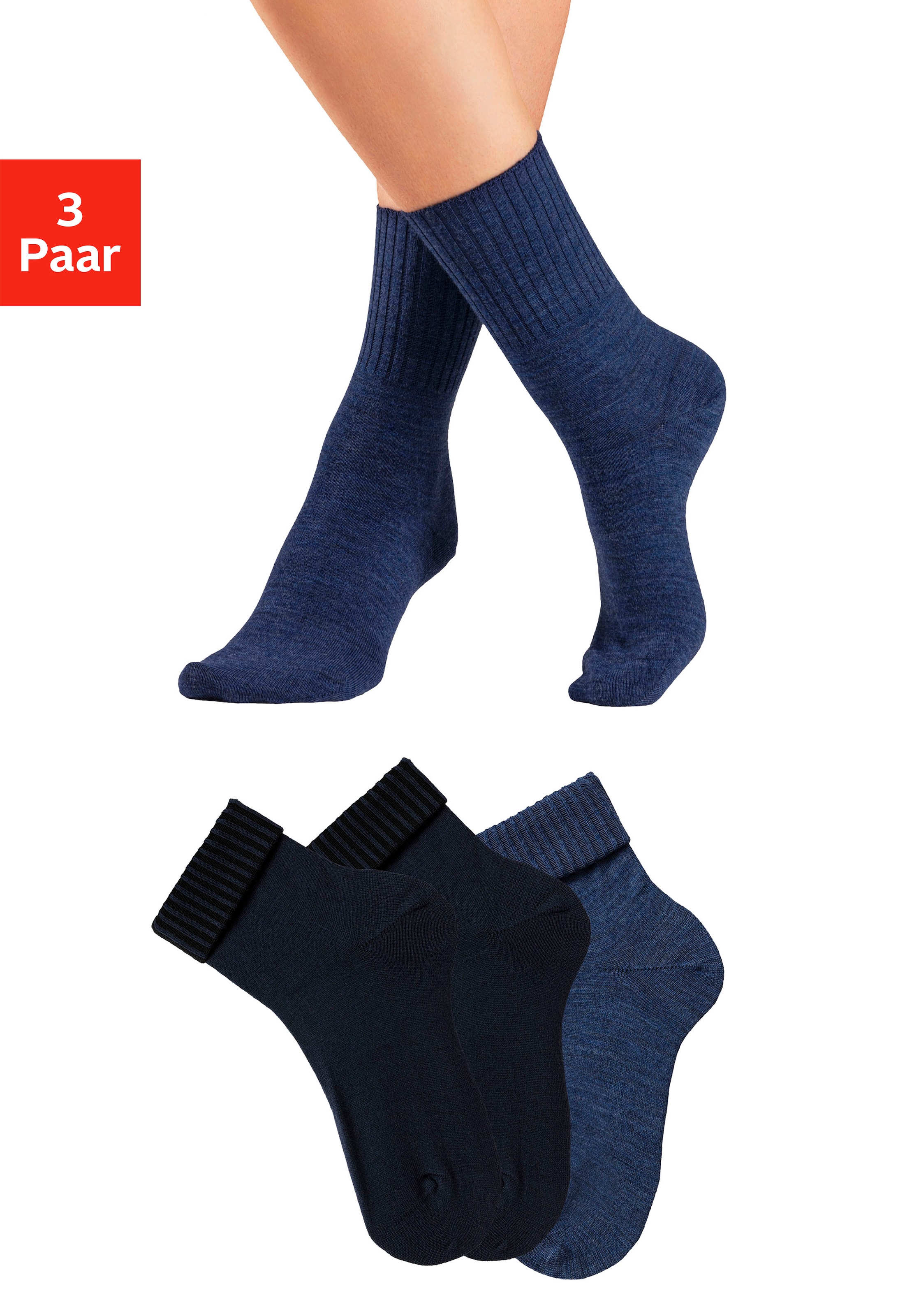 Lavana Umschlagsocken Packung, 3 Paar tlg. fein gestrickt mit 53% Wolle