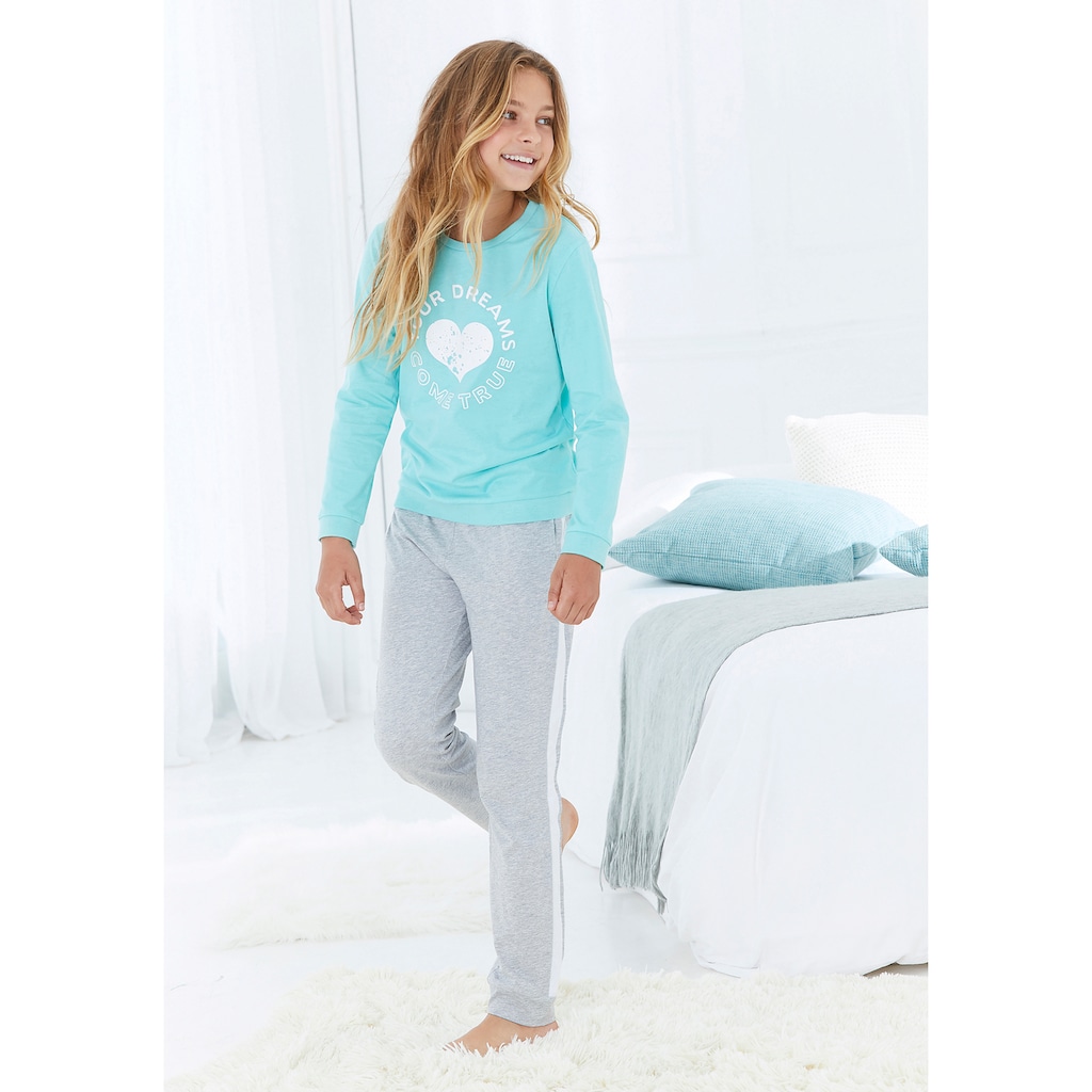 Buffalo Pyjama, (2 tlg., 1 Stück), Schlafanzug mit Herzdruck und Streifen am Bein