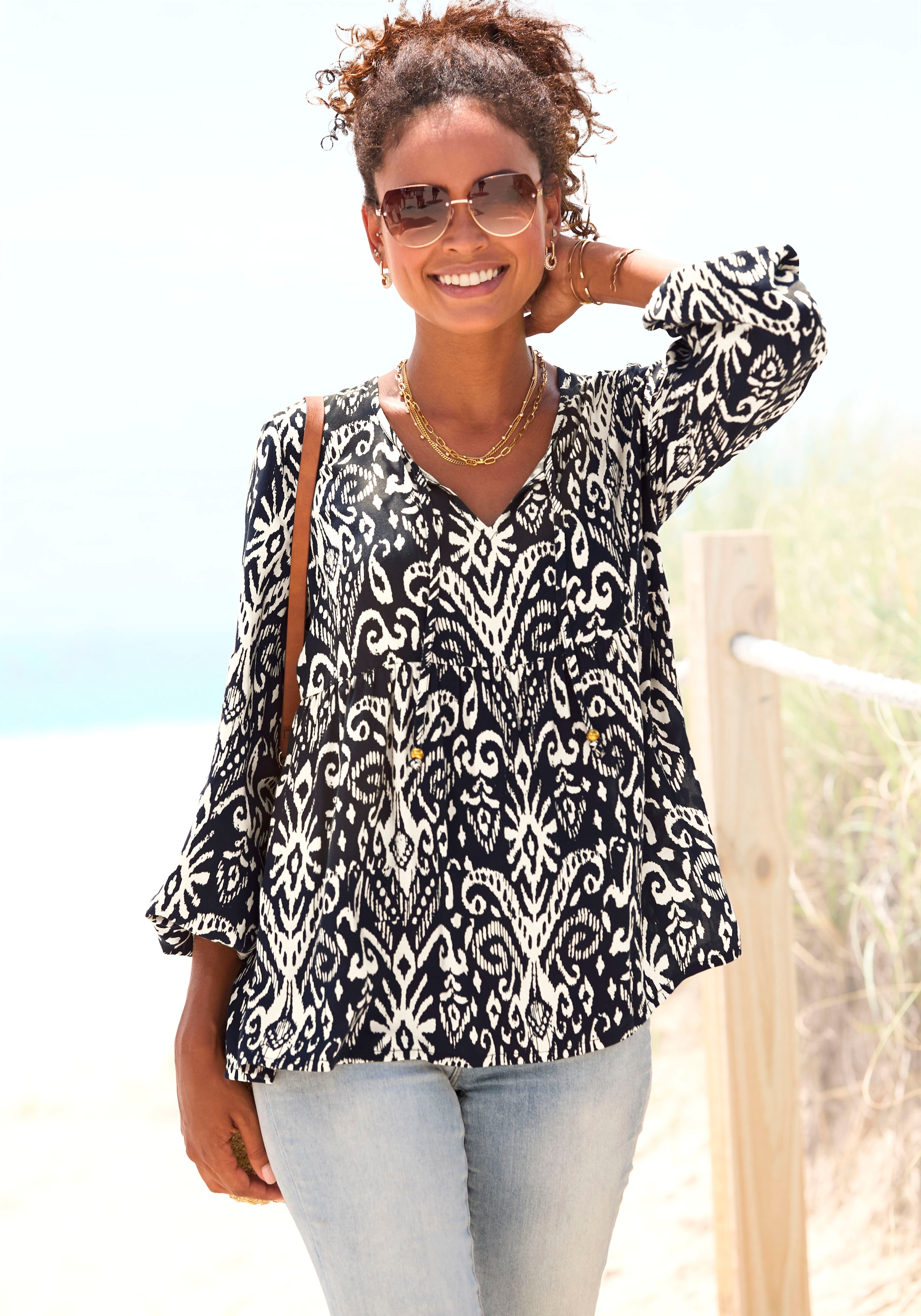 Vivance Langarmbluse mit Ballonärmeln, luftige Tunika mit lockerem Schnitt, Boho-Style