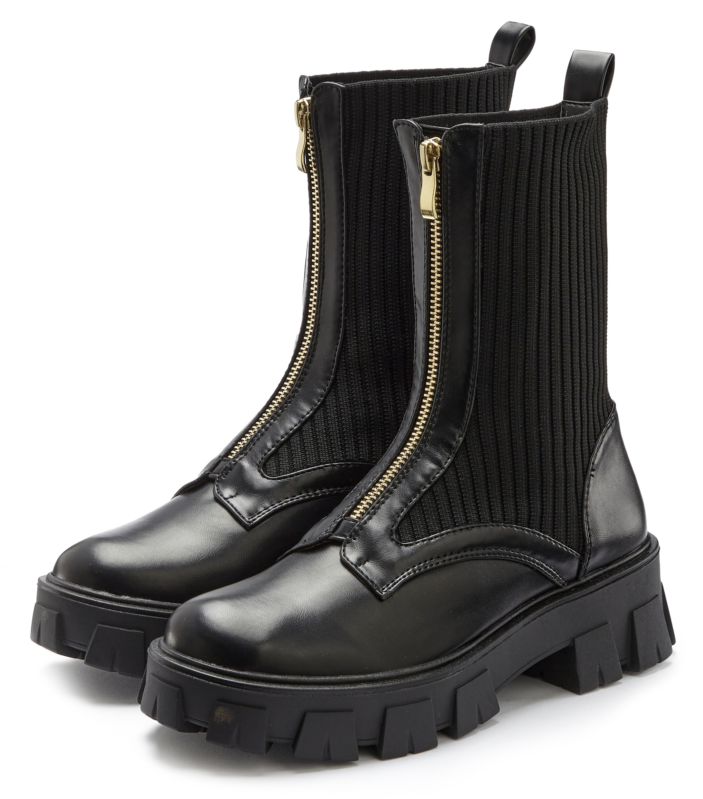 LASCANA Reissverschlussstiefel mit Chunky Sohle, Stiefelette, Ankle Biker Boots VEGAN