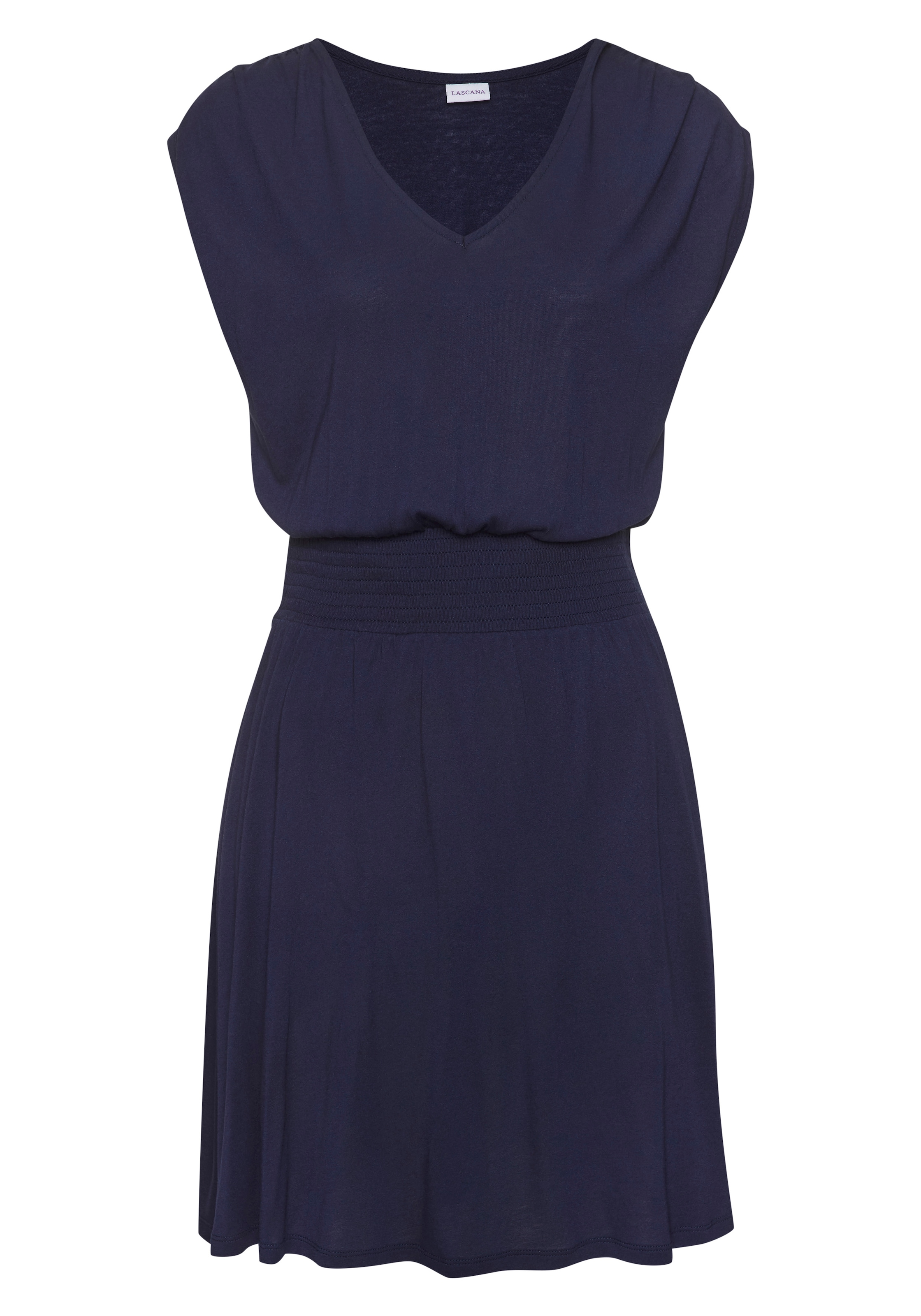 LASCANA Jerseykleid »mit breitem Smokbund und V-Ausschnitt« Ohne Taschen kurzes Sommerkleid, Basic, Viskosekleid, luftiges Strandkleid