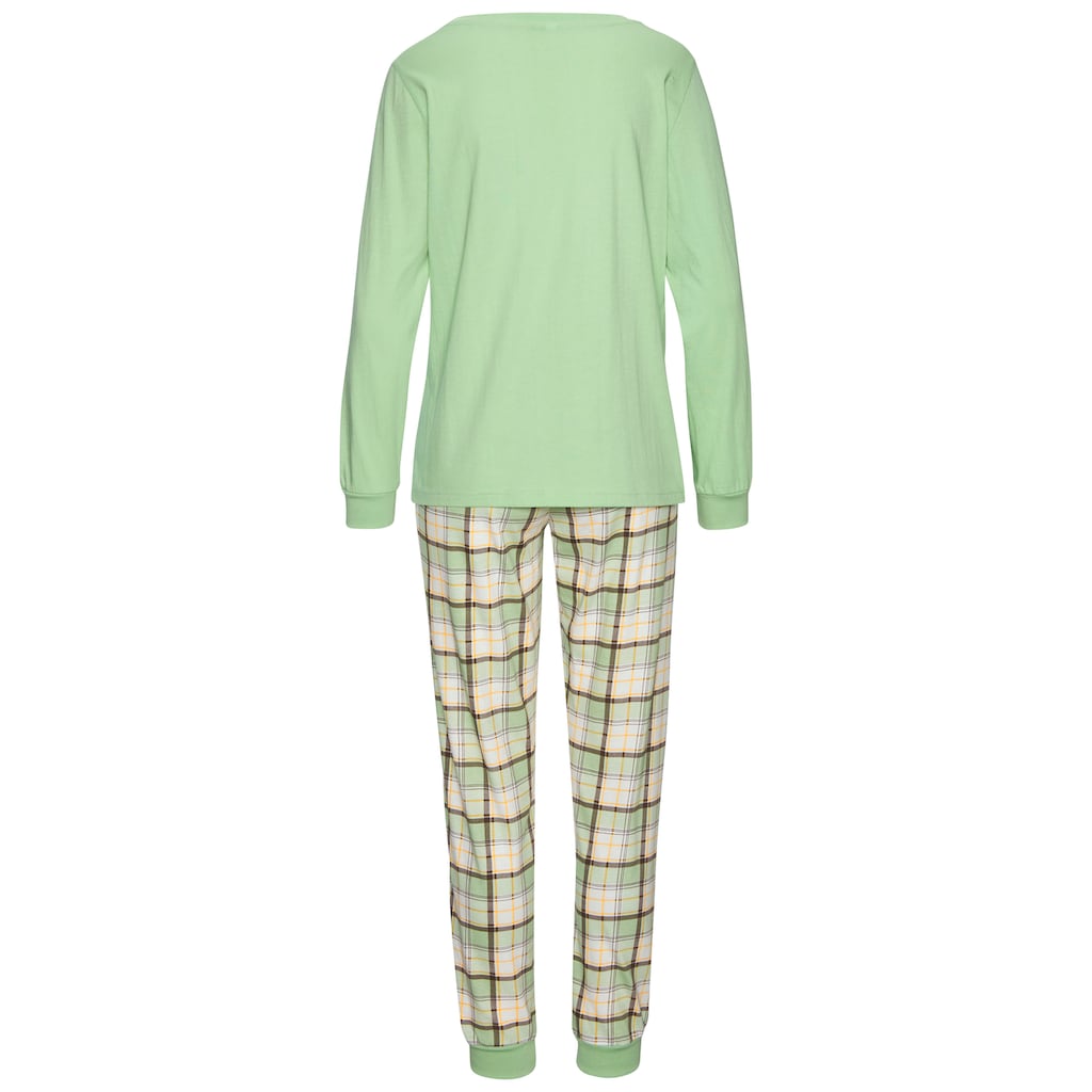 Vivance Dreams Pyjama, (Set, 2 Stück), Langarmshirt mit süssem Frontprint und karierter Hose