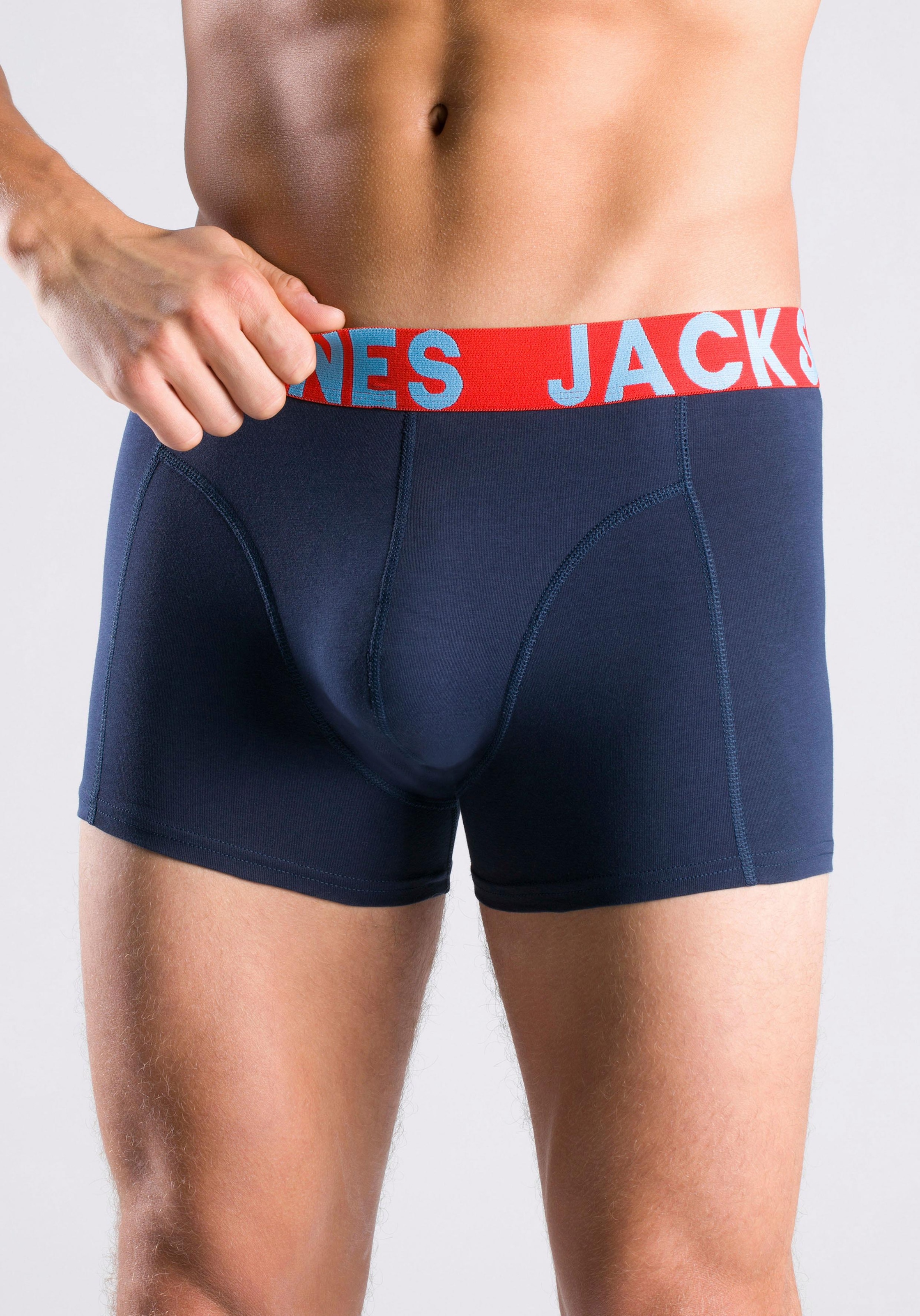 Jack & Jones Boxer »JACCRAZY im Dreierpack mit kontrastfarbenem Bund und Stretchkomfort«, 3 cuis unifarben mit Farbeinsatz, modisch, eng anliegend, Baumwollmischung