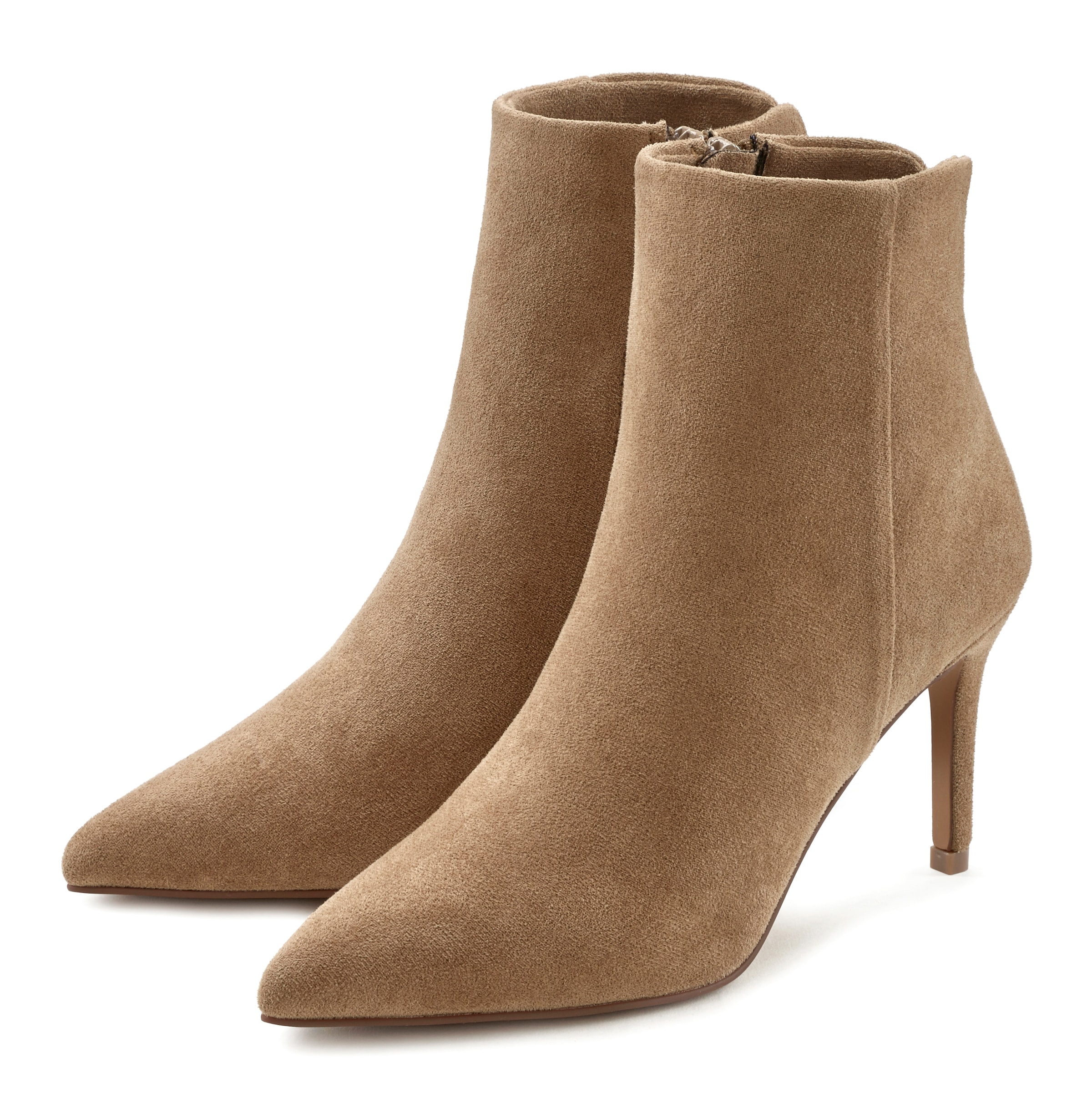 LASCANA High-Heel-Stiefelette in spitzer Form & Pfennigabsatz, Reissverschluss Stiefel VEGAN