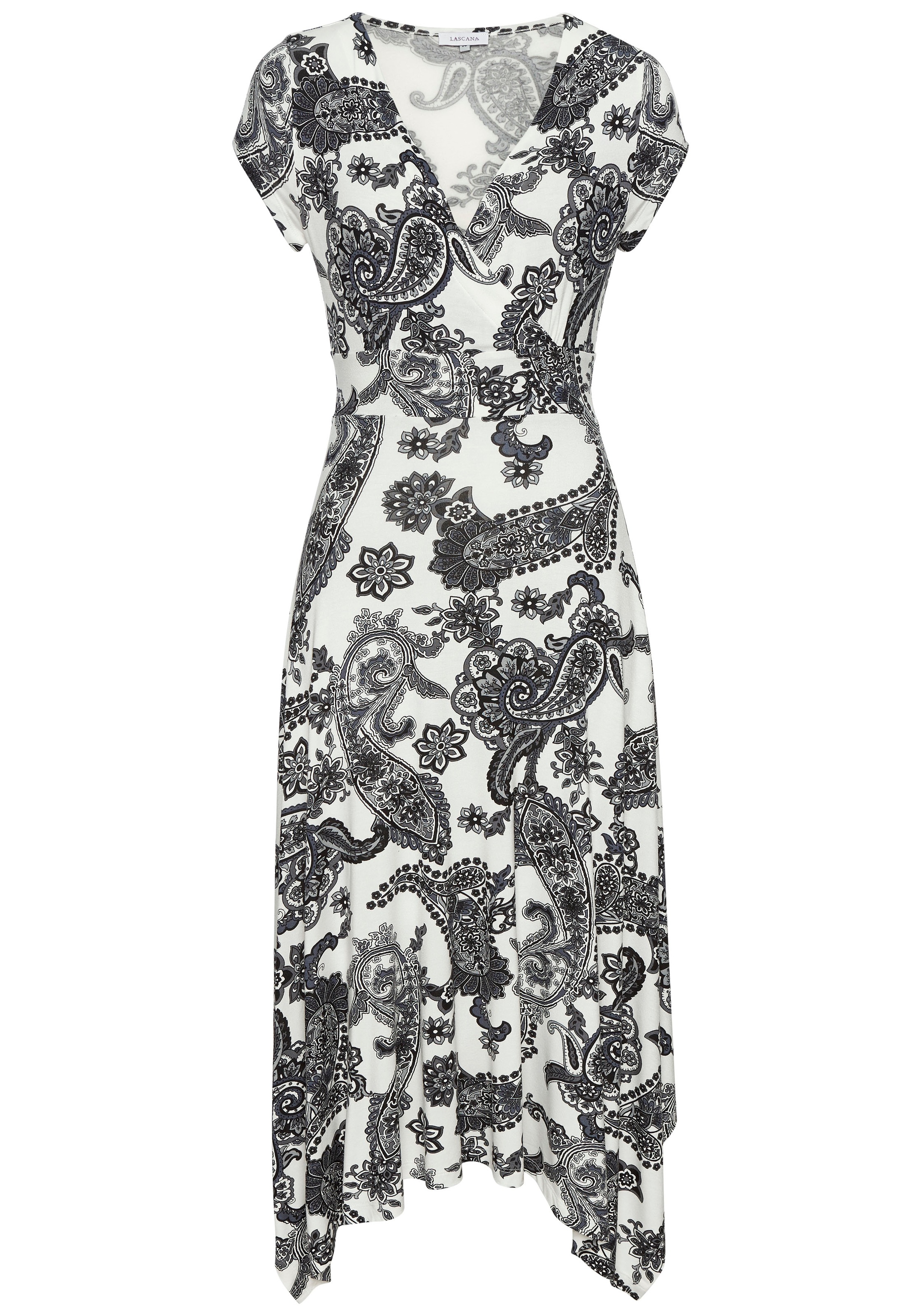 LASCANA Sommerkleid "mit Zipfelsaum und Schleife in der Taille, mit Paisleydruck" Partykleid, elegantes Jerseykleid, festliches Midikleid