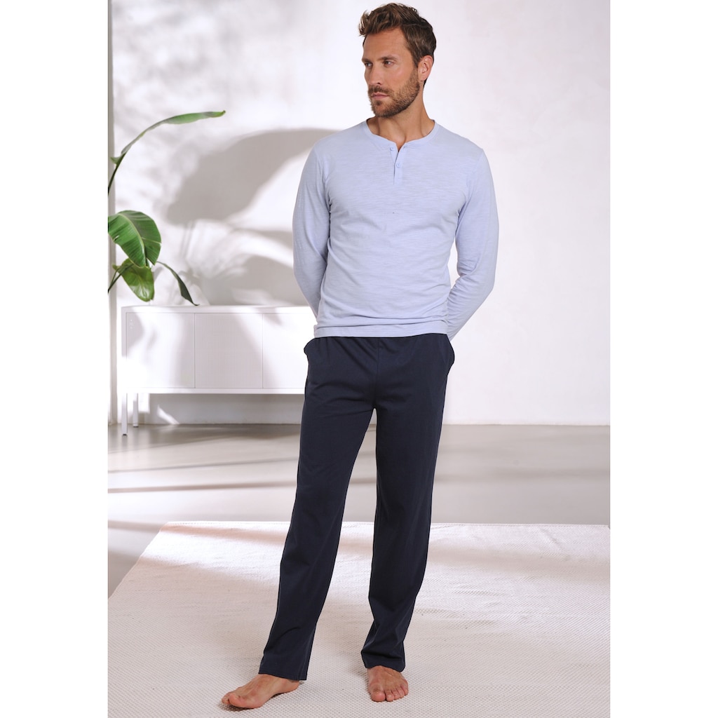 AUTHENTIC LE JOGGER Pyjama, (Packung, 4 tlg., 2 Stück), Schlafanzug mit Knopfleiste, Shirt aus strukturierter Baumwolle