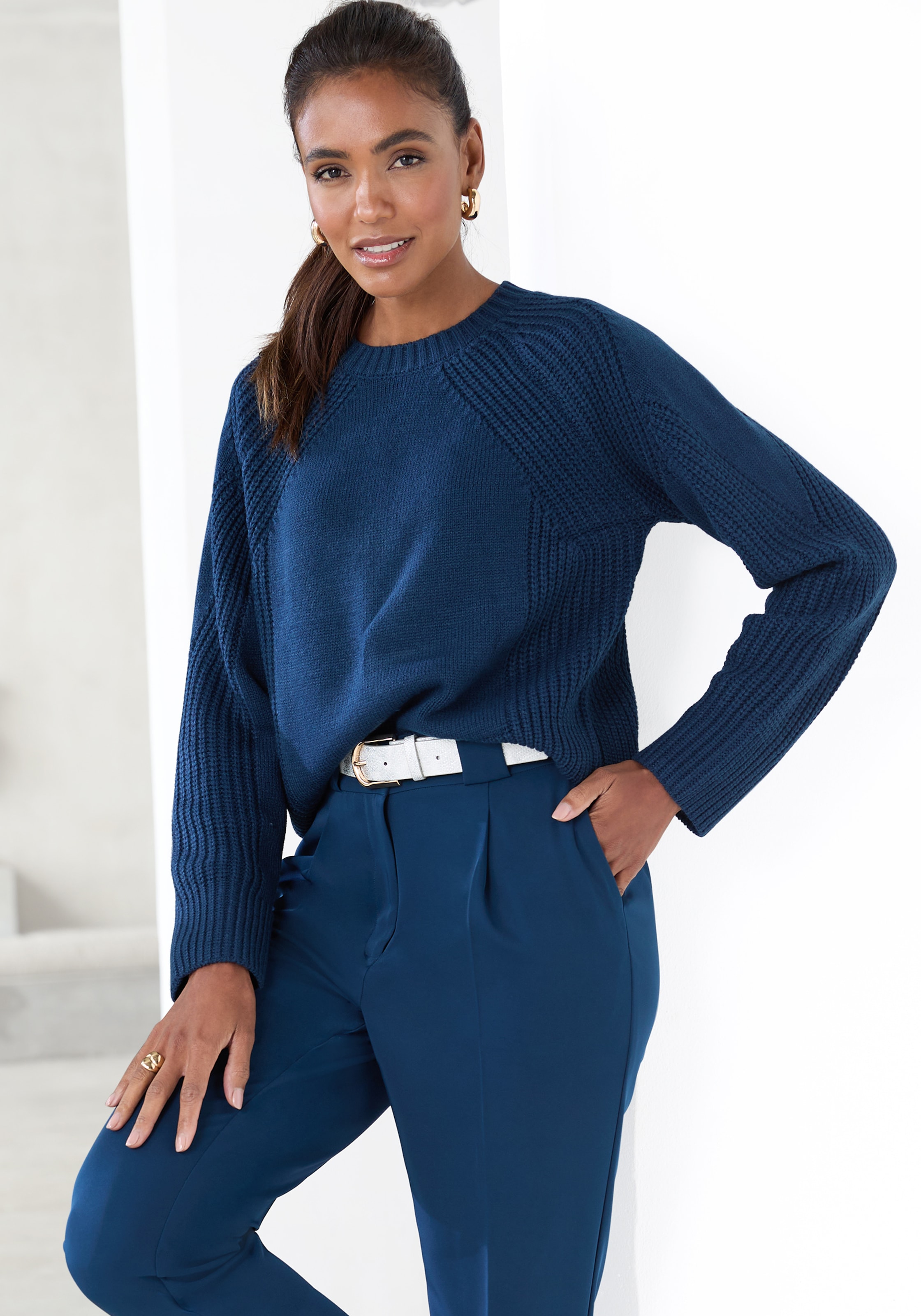 LASCANA Strickpullover mit Grobstrick-Details, Damen Pullover mit Rundhals