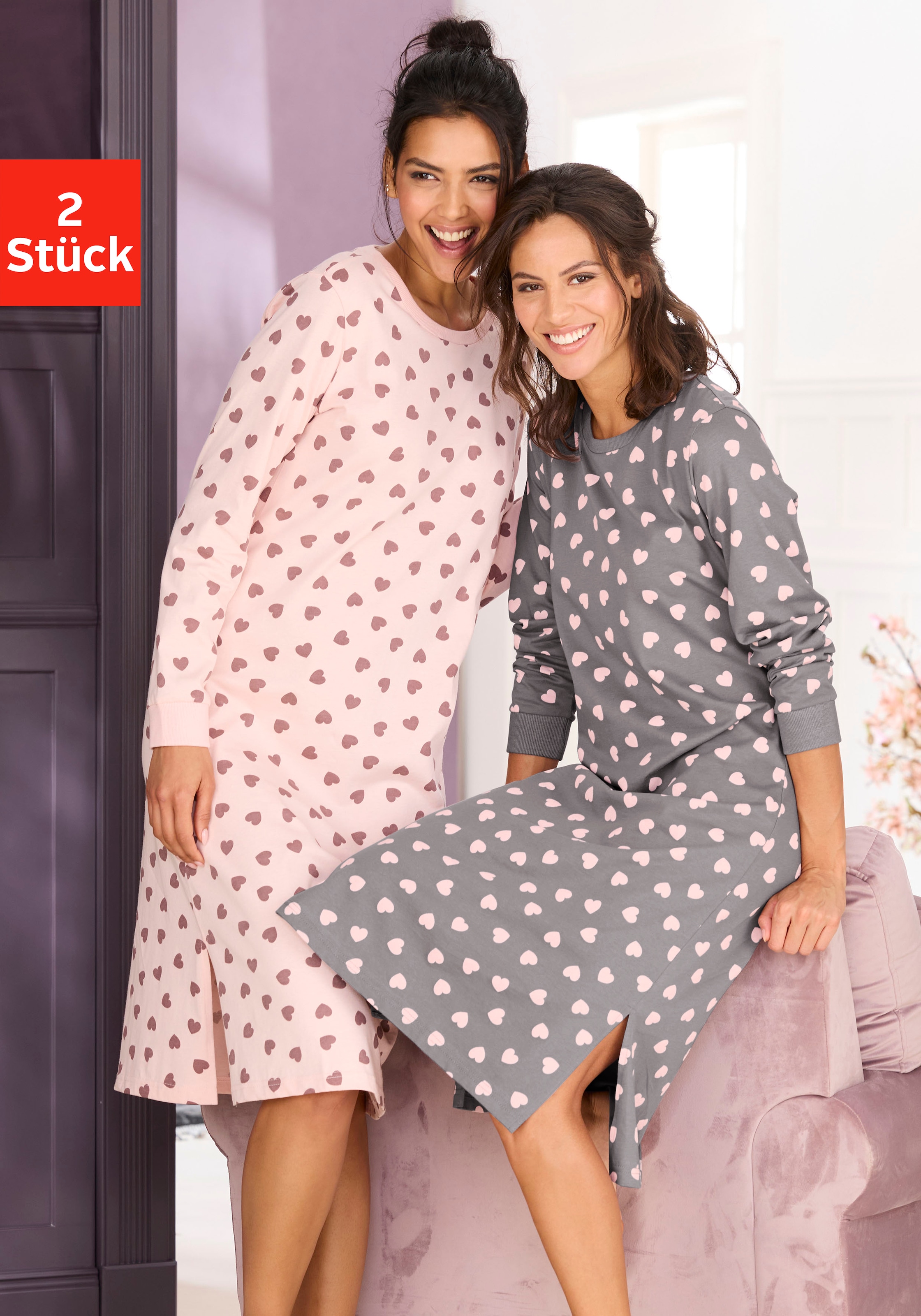 Vivance Dreams Nachthemd Spar-Set, 2 Stück, 2 Stk. tlg. mit süssem Herzmuster