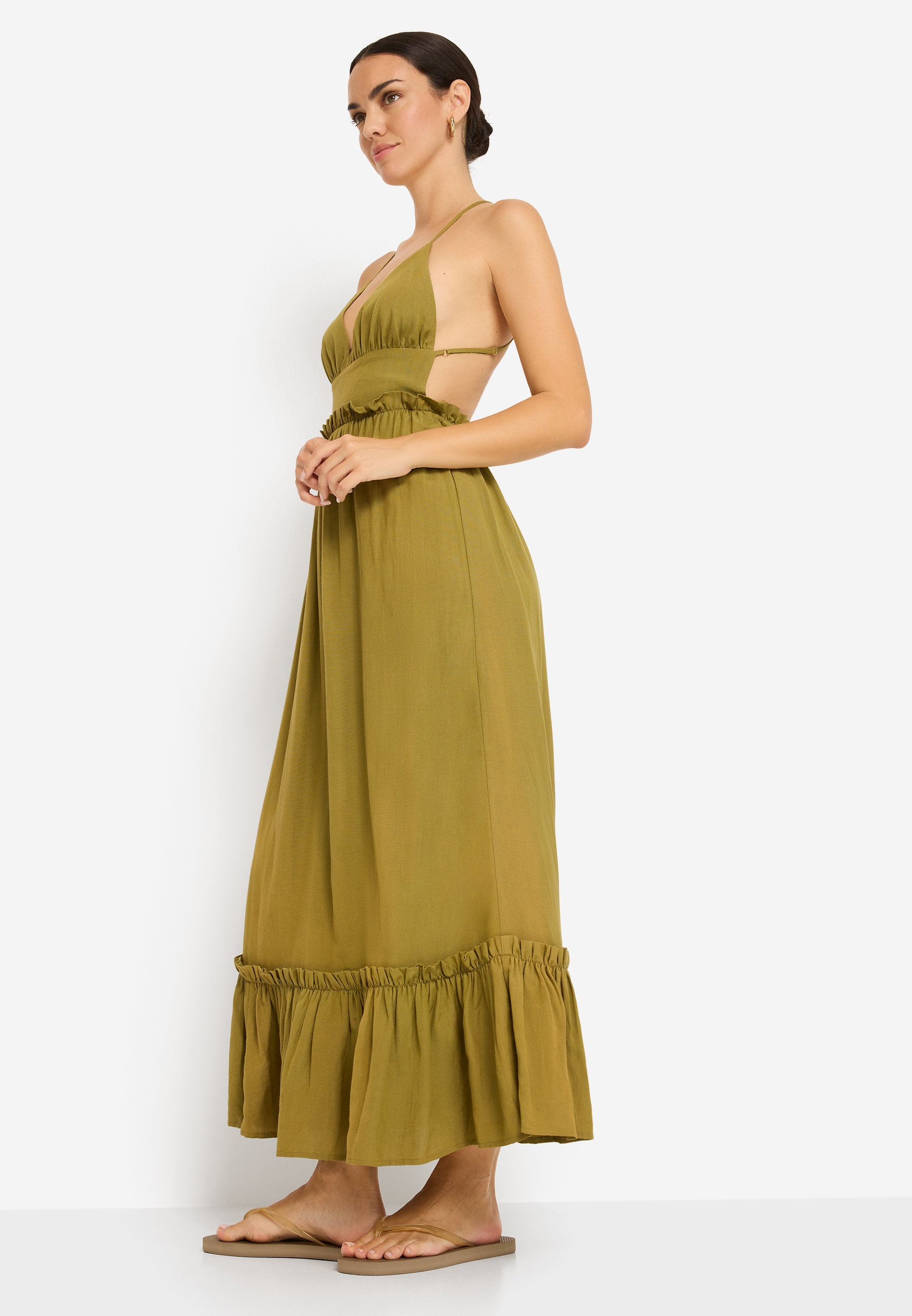 LSCN by LASCANA Maxi robe Sans poches aus Webware mit Leinenanteil, Strandkleid, Boho-Kleid