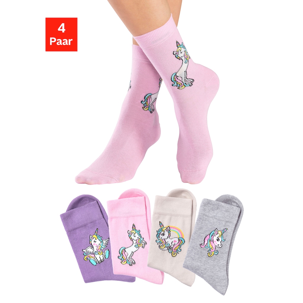 H.I.S Basicsocken, (Packung, 4 Paar), mit Einhorn Motiven