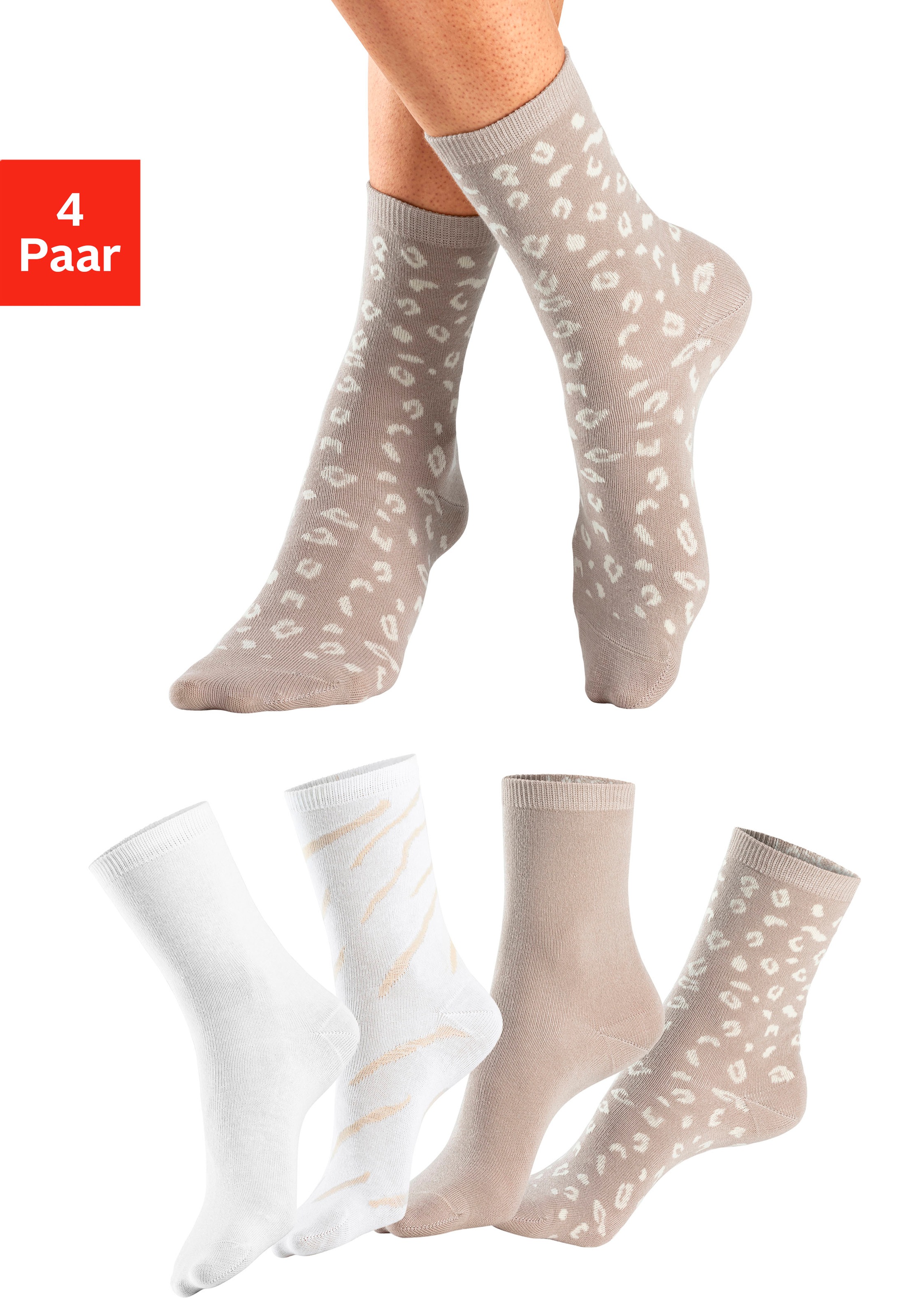 LASCANA Basicsocken Packung, 4 Paar tlg. uni und mit animal Design