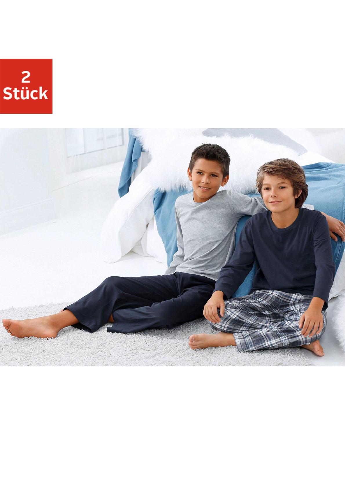 Thumbnail - le jogger® Pyjama, (Packung, 4 tlg., 2 Stück), Schlafanzug in langer Form, Hose 1x uni und 1x kariert
