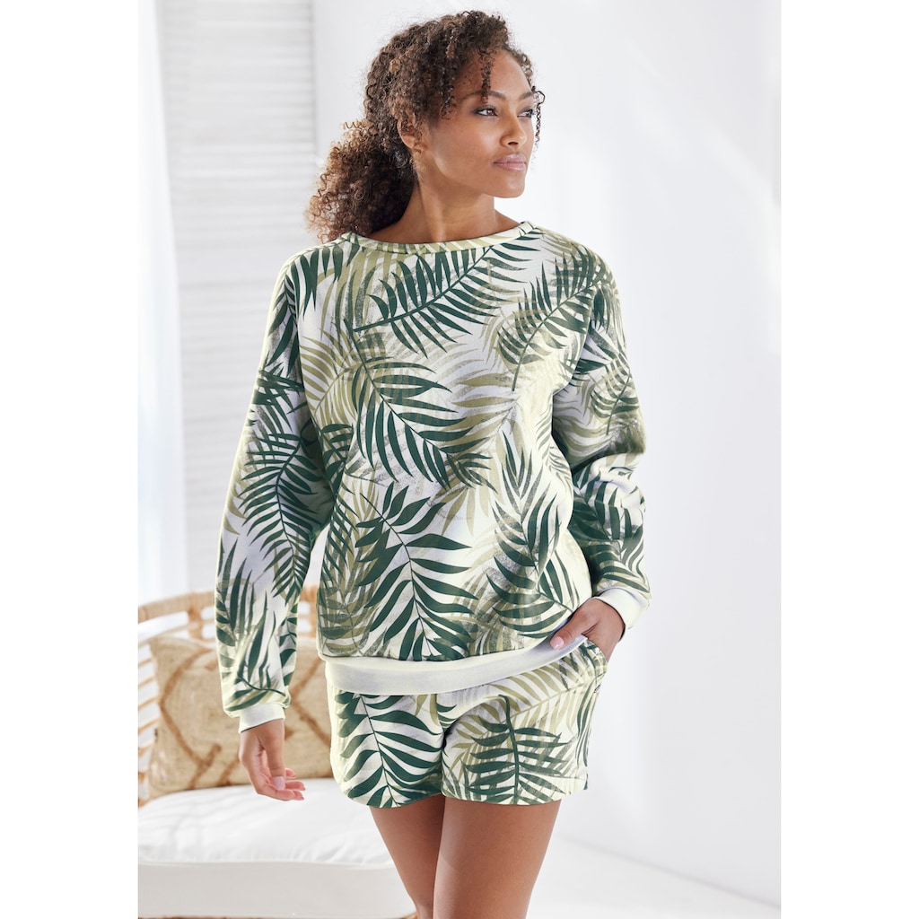 LASCANA Sweater, Loungeshirt mit Allover-Blätterdruck, Loungewear