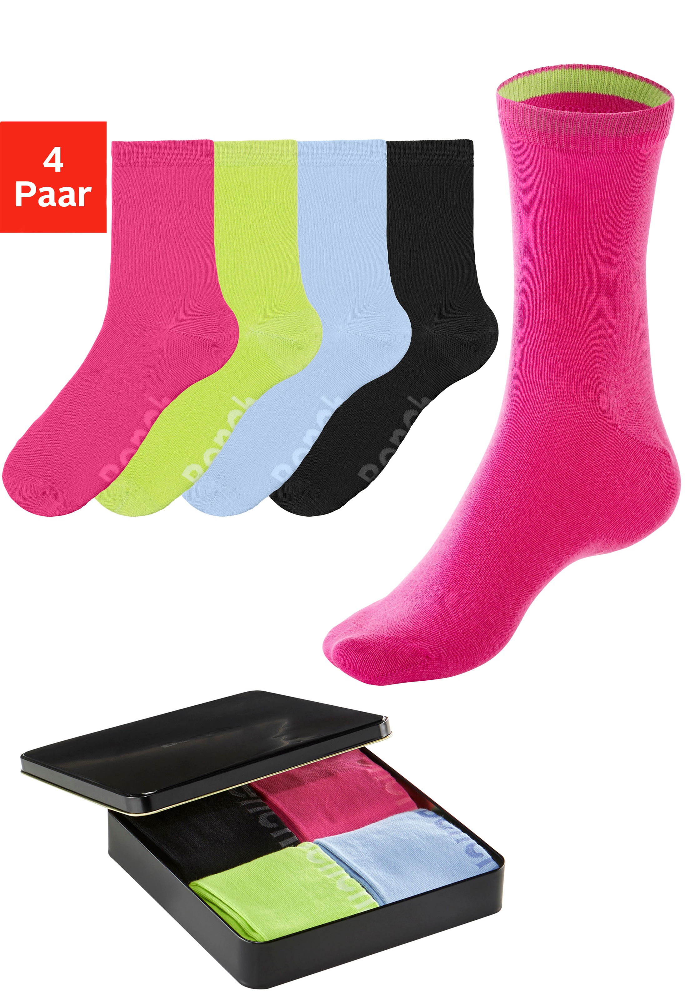 Bench. Socken Dose, 4 Paar tlg. mit farbigen Innenbündchen, sortiert in edler Geschenkdose