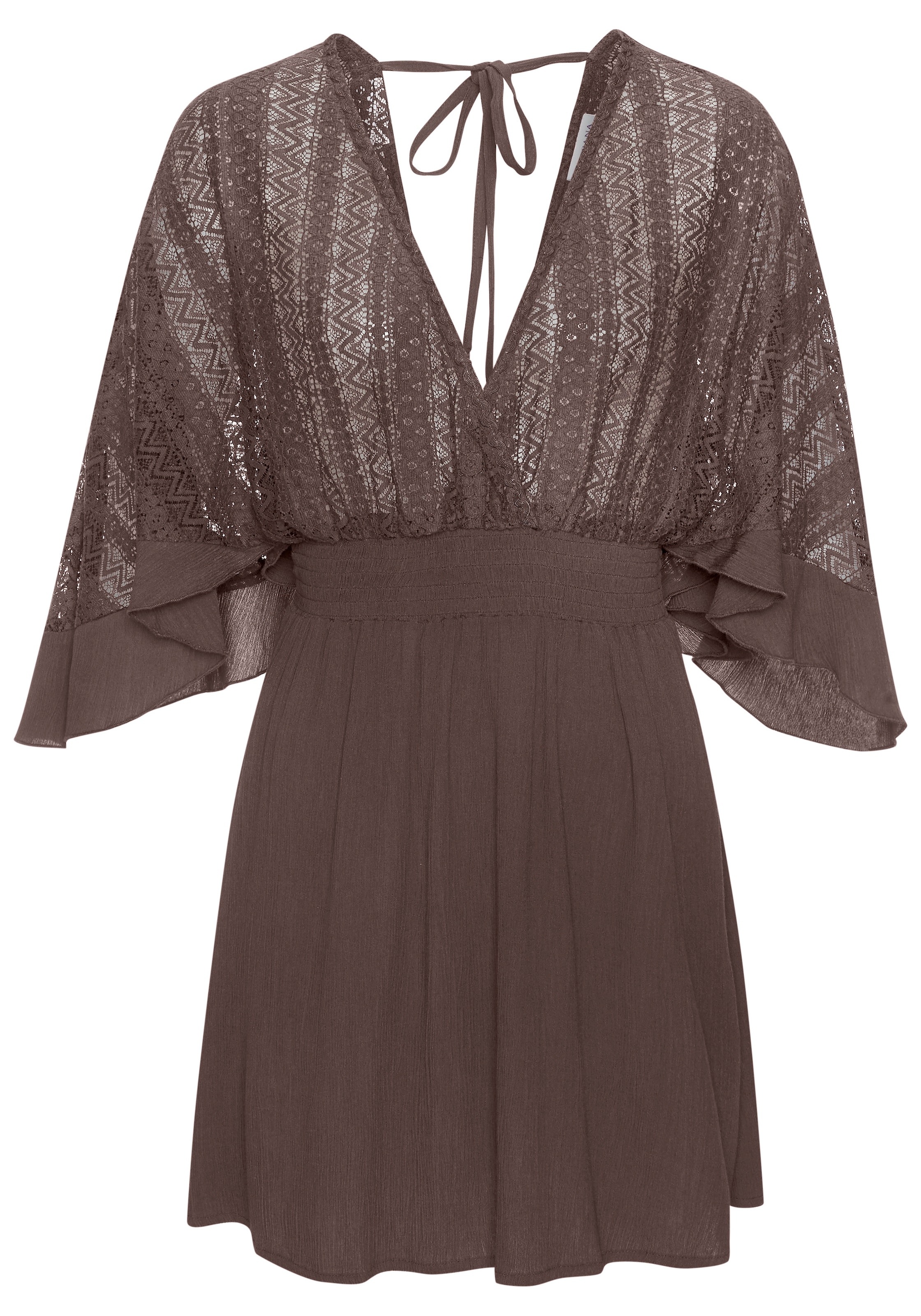 LASCANA Robe tunique »mit weiten Ärmeln, Oberteil aus Spitze, aus leichtem Viskose-Crepe« Sans poches Robe de plage, robe légère d'été, robe courte, robe bohème, festival