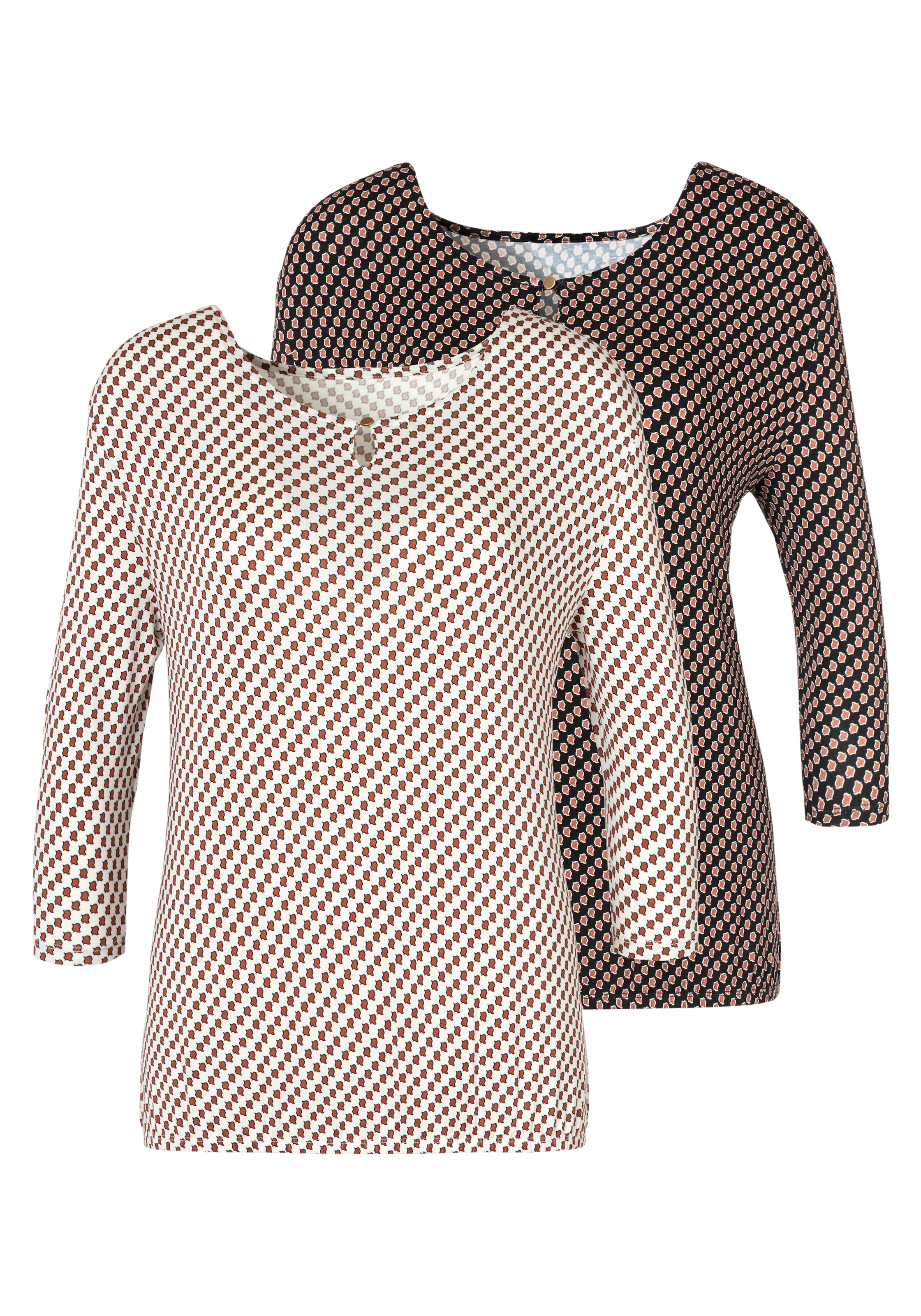 Vivance Rundhalsshirt »mit goldfarbenem Zierknopf am Ausschnitt«, (2er-Pack), aus weichem Viskose-Stretch