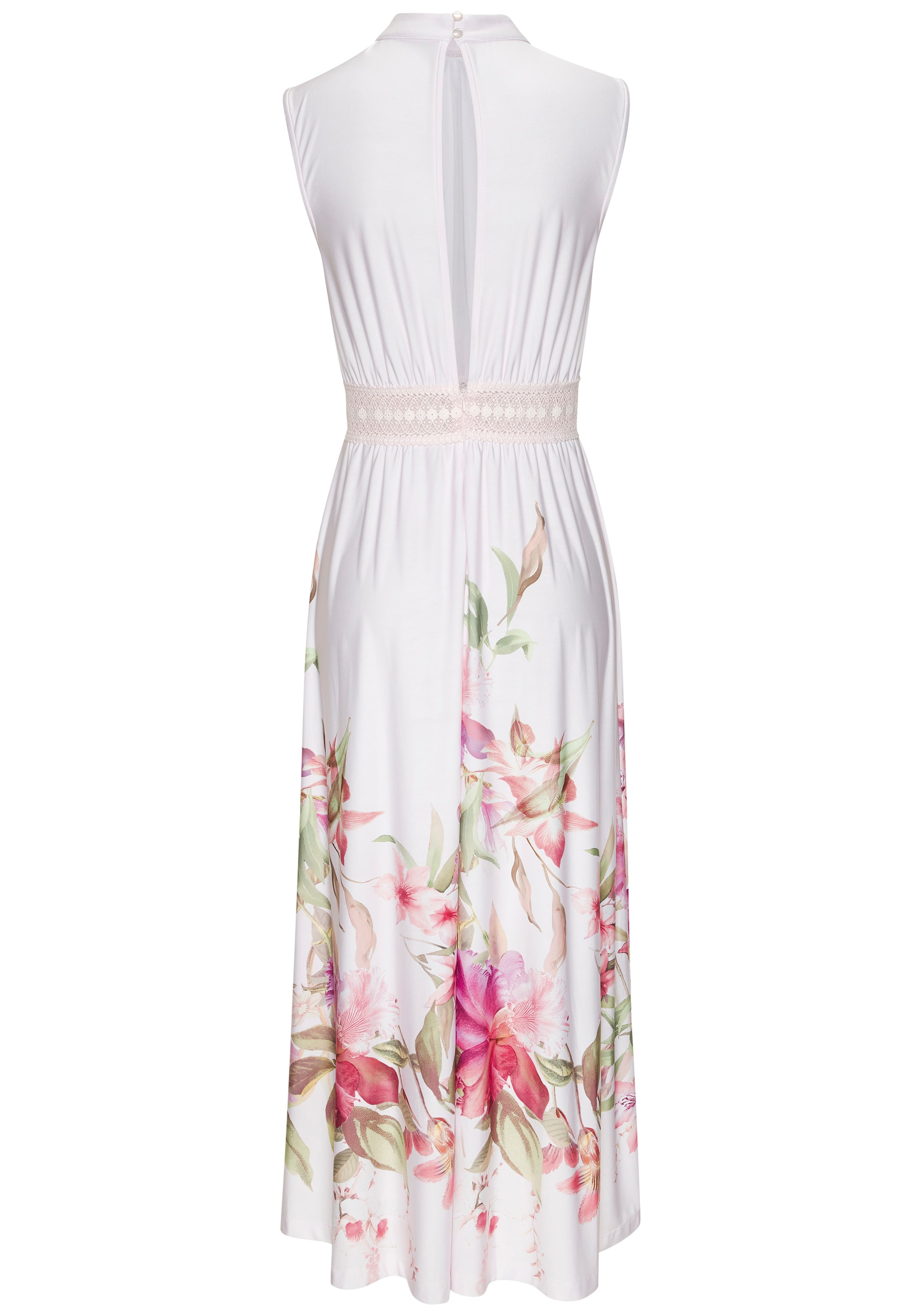 LASCANA Maxikleid »aus glatter bügelfreier Ware« mit Blumendruck, Sommerkleid mit Spitzeneinsatz, Jerseykleid, festlich