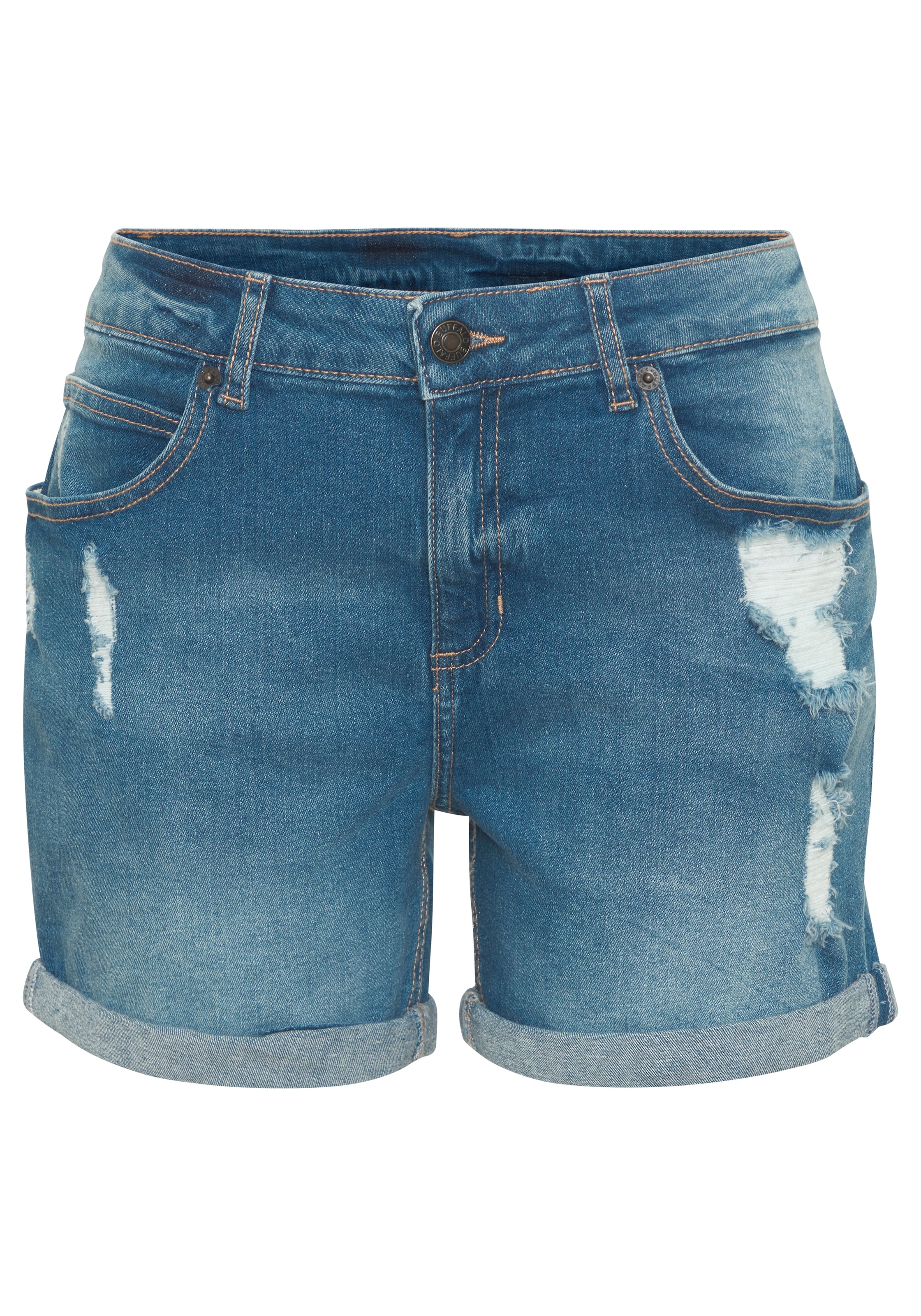 Buffalo Jeansbermudas »aus bequemer Baumwollqualität« mit Destroyed-Effekten, Shorts zum Krempeln, kurze Hose, Sommerhose