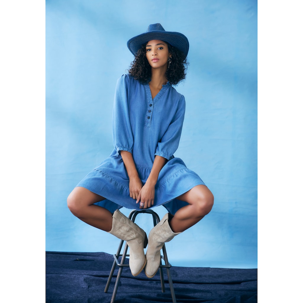 LASCANA Jeanskleid, mit Rüsche am Kragen und Knopfleiste, Blusenkleid, Tunikakleid