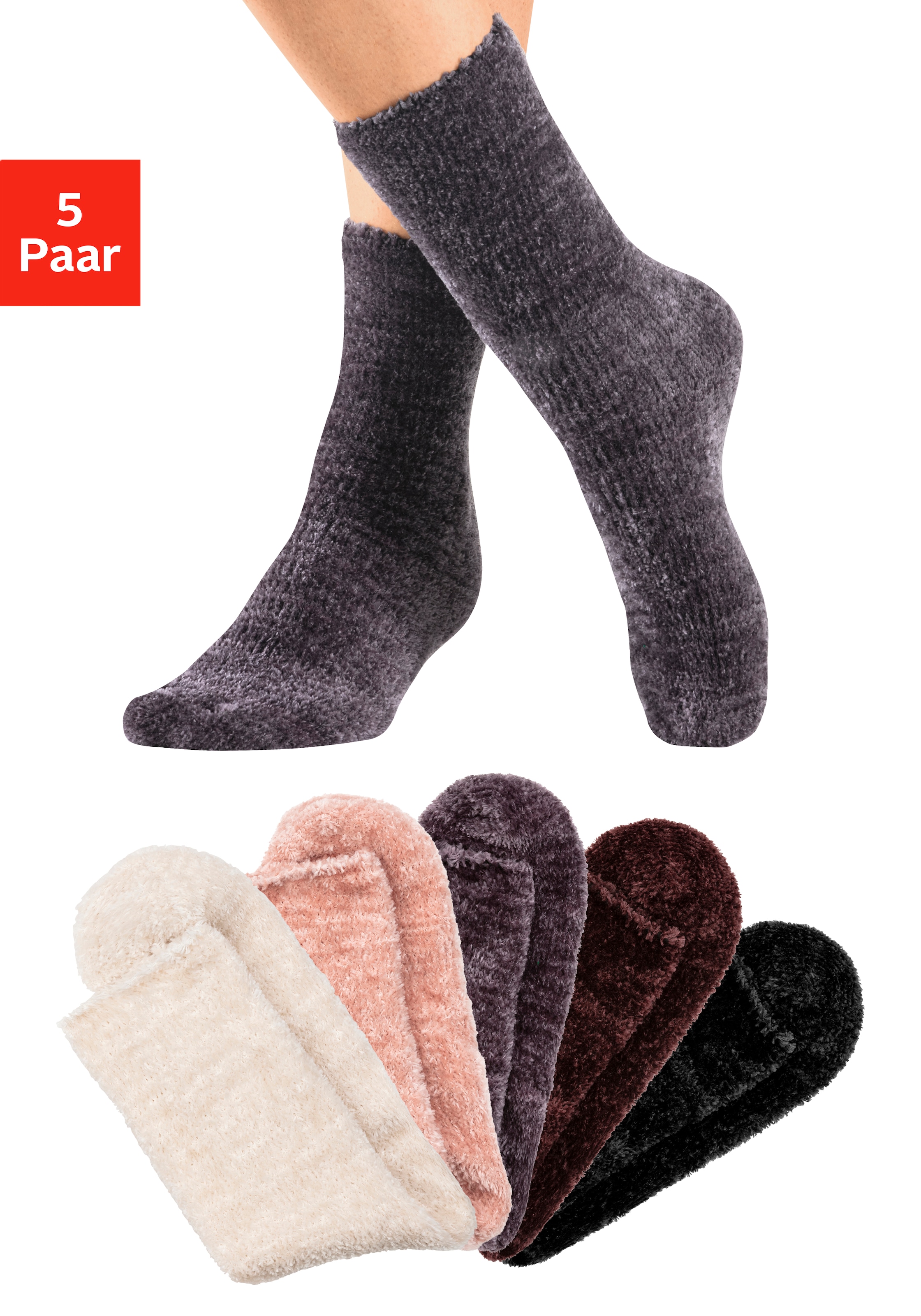 Lavana Kuschelsocken Packung, 5 Stk. tlg. Bettsocken aus weichem, leicht glänzendem Chenillegarn