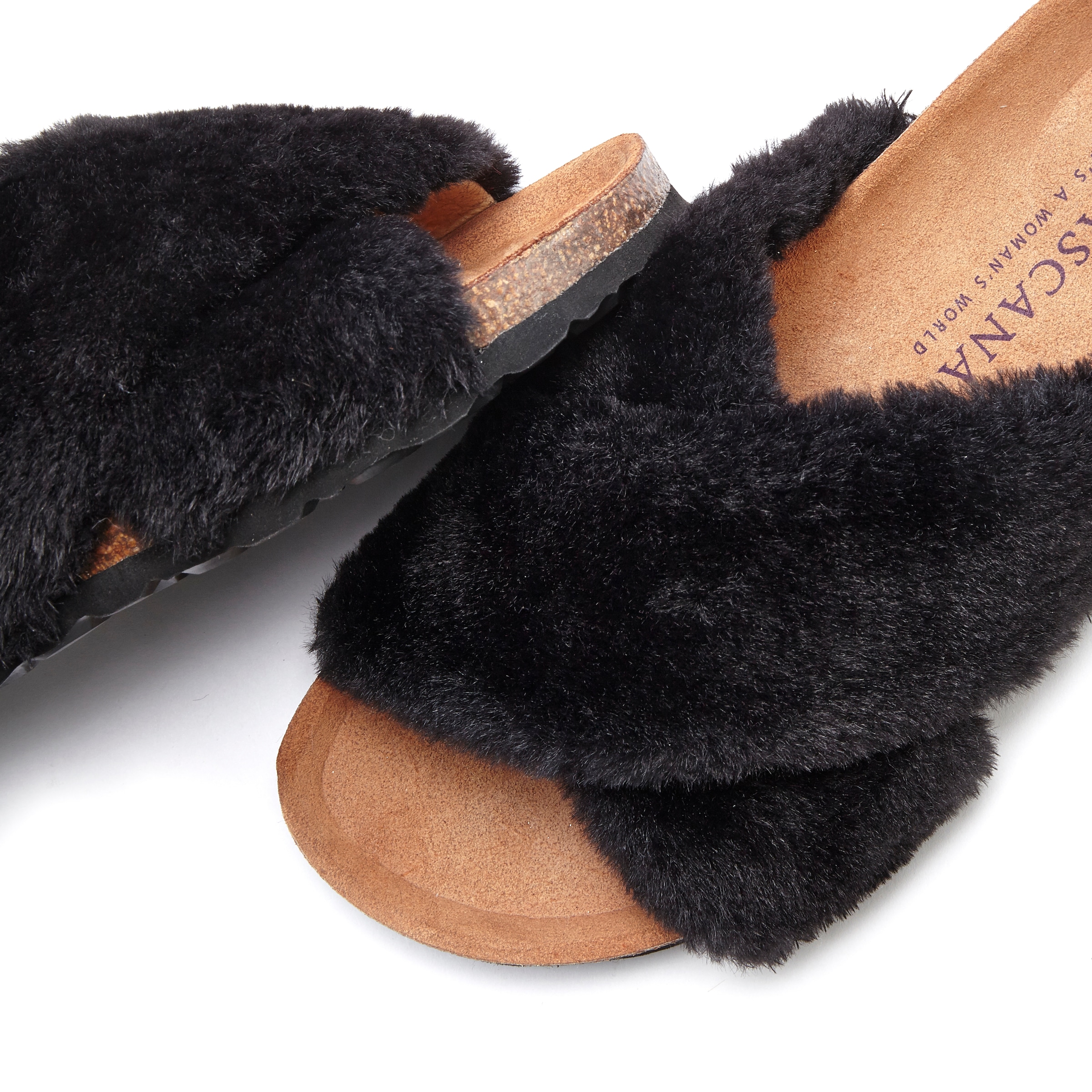 LASCANA Pantolette »Hausschuh, Mule, Sandale, offener Schuh,«, mit Korkfussbett und Fellimitat