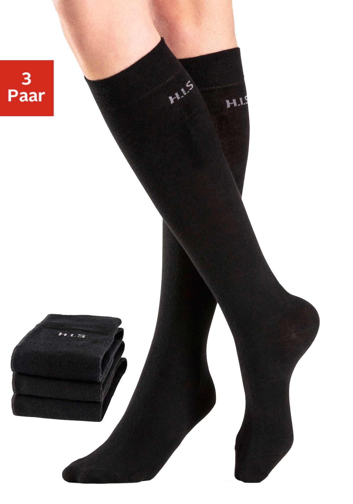 H.I.S Kniestrümpfe Packung, 3 Stk. tlg. ohne einschneidendes Bündchen