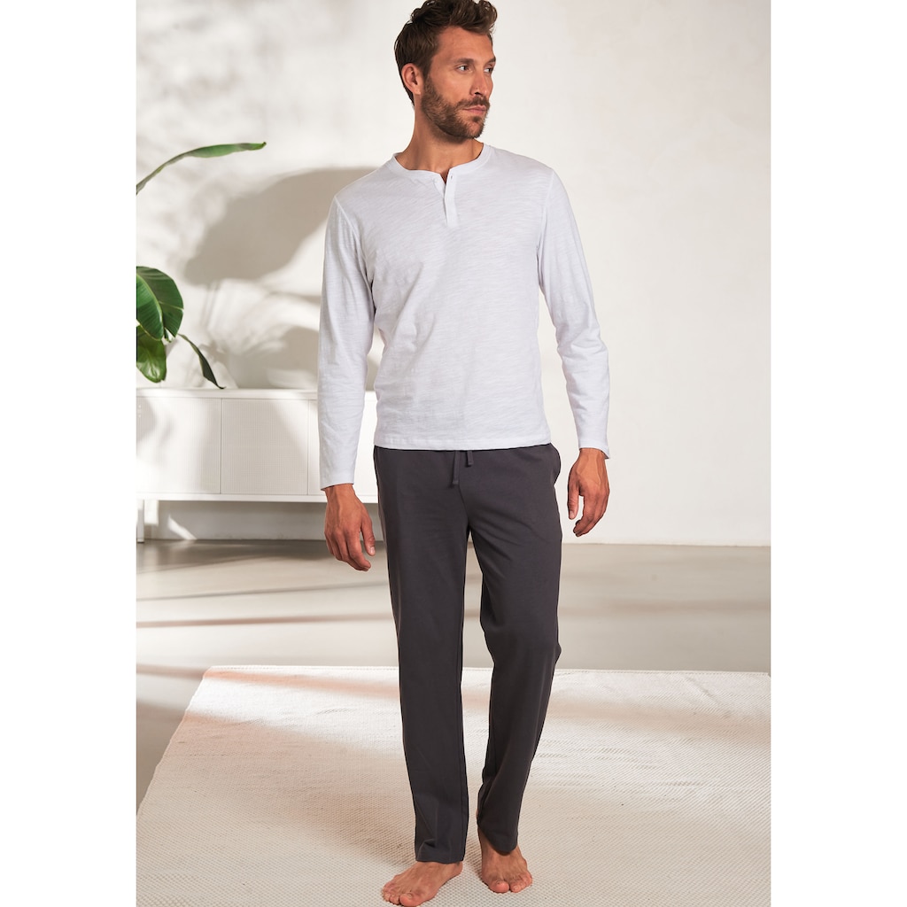 AUTHENTIC LE JOGGER Pyjama, (Packung, 4 tlg., 2 Stück), Schlafanzug mit Knopfleiste, Shirt aus strukturierter Baumwolle