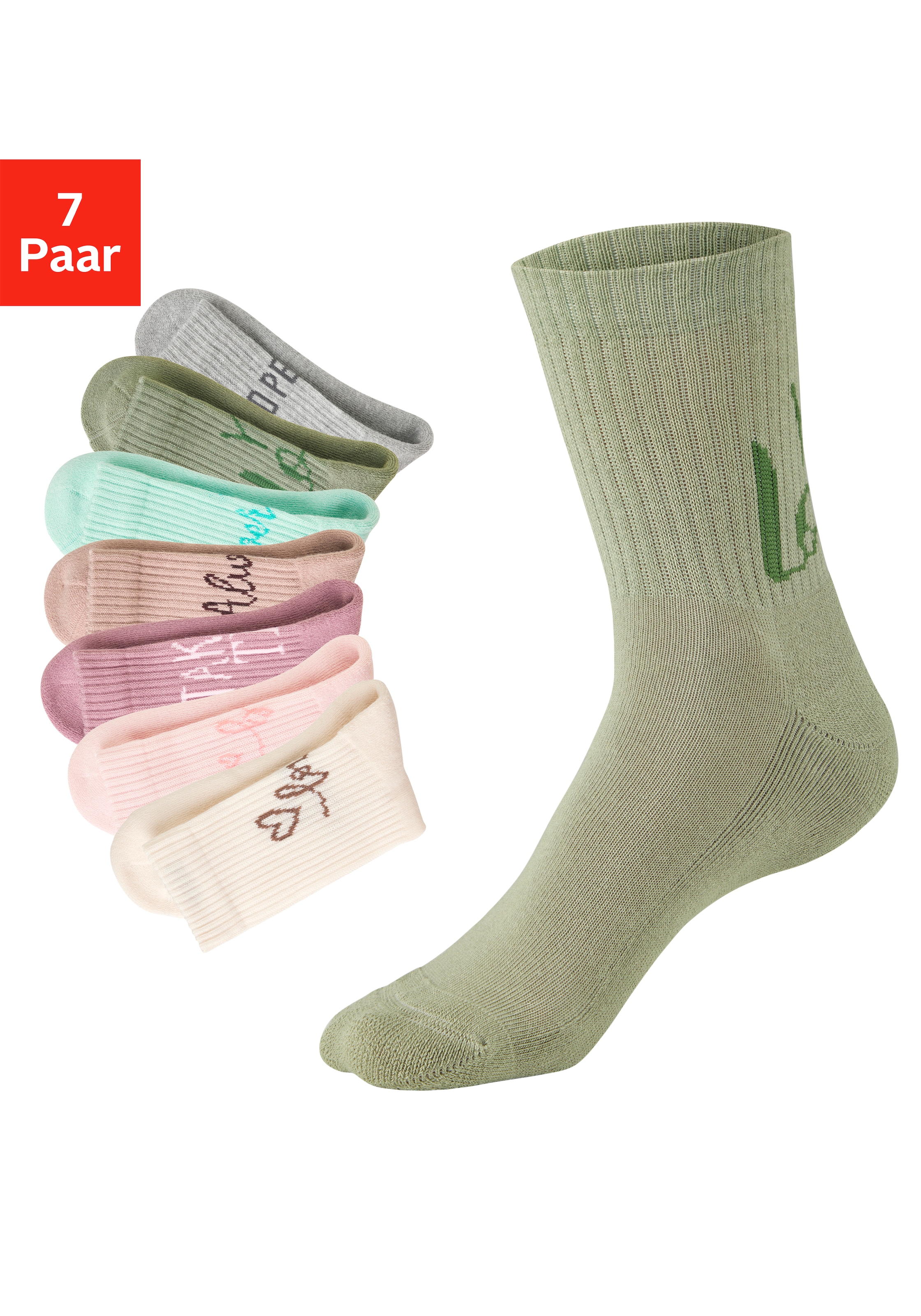 H.I.S Chaussettes de tennis »Damen Sportsocken daily socks« Paquet, 7 Couple tlg. avec du molleton bouclé au pied et des inscriptions attrayantes