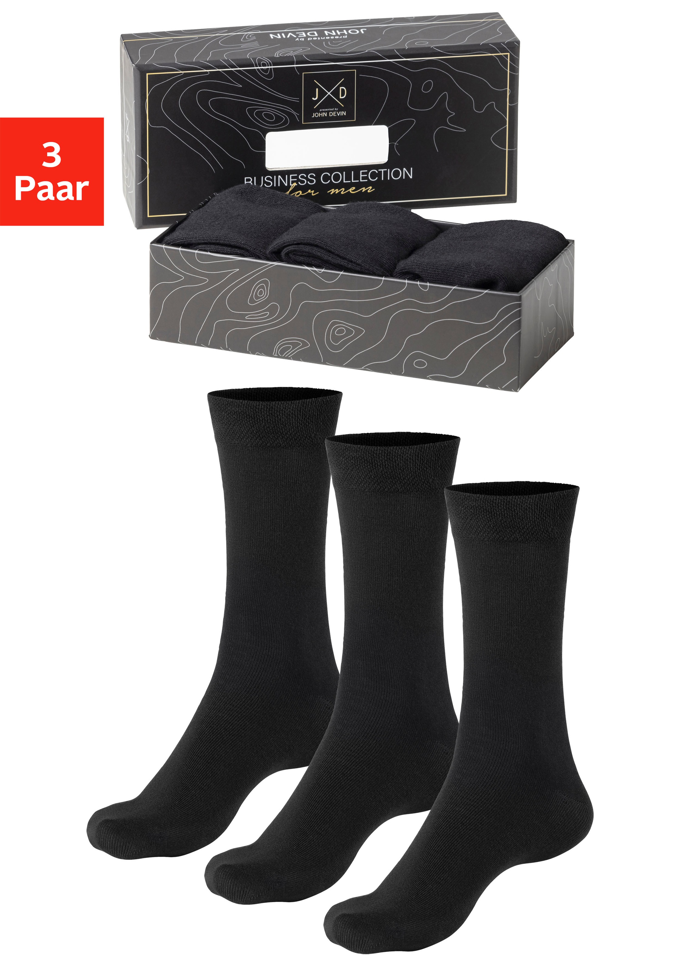 John Devin Businesssocken Packung, 3 Paar tlg. mit längerer Schaftlänge, verpackt in einer Box