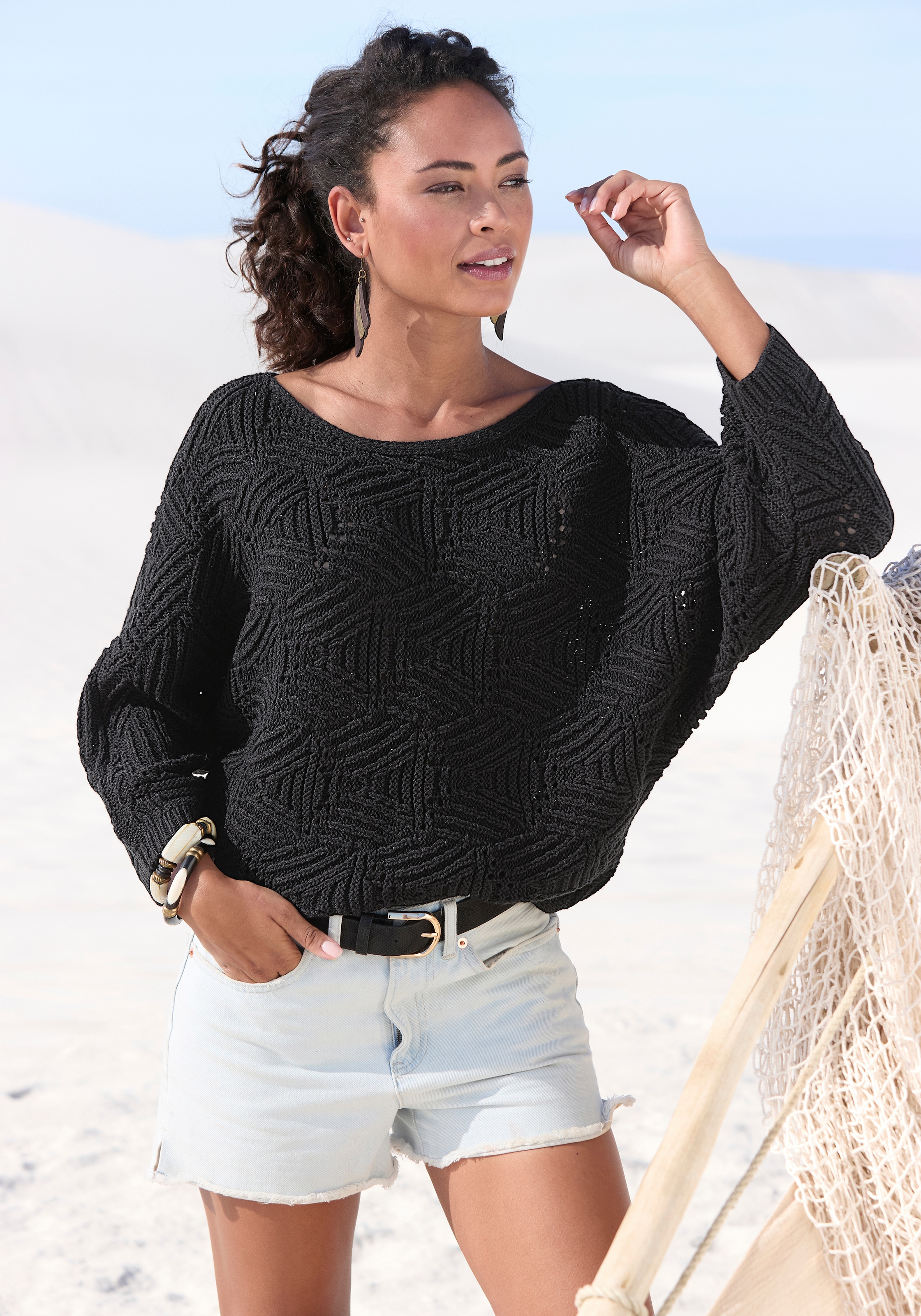 LASCANA Pull chauve-souris »mit aufwendigem Strickmuster, Lochstrickmuster« modischer Ajourpullover, Oversize-Pullover, Strickpullover, Frühling