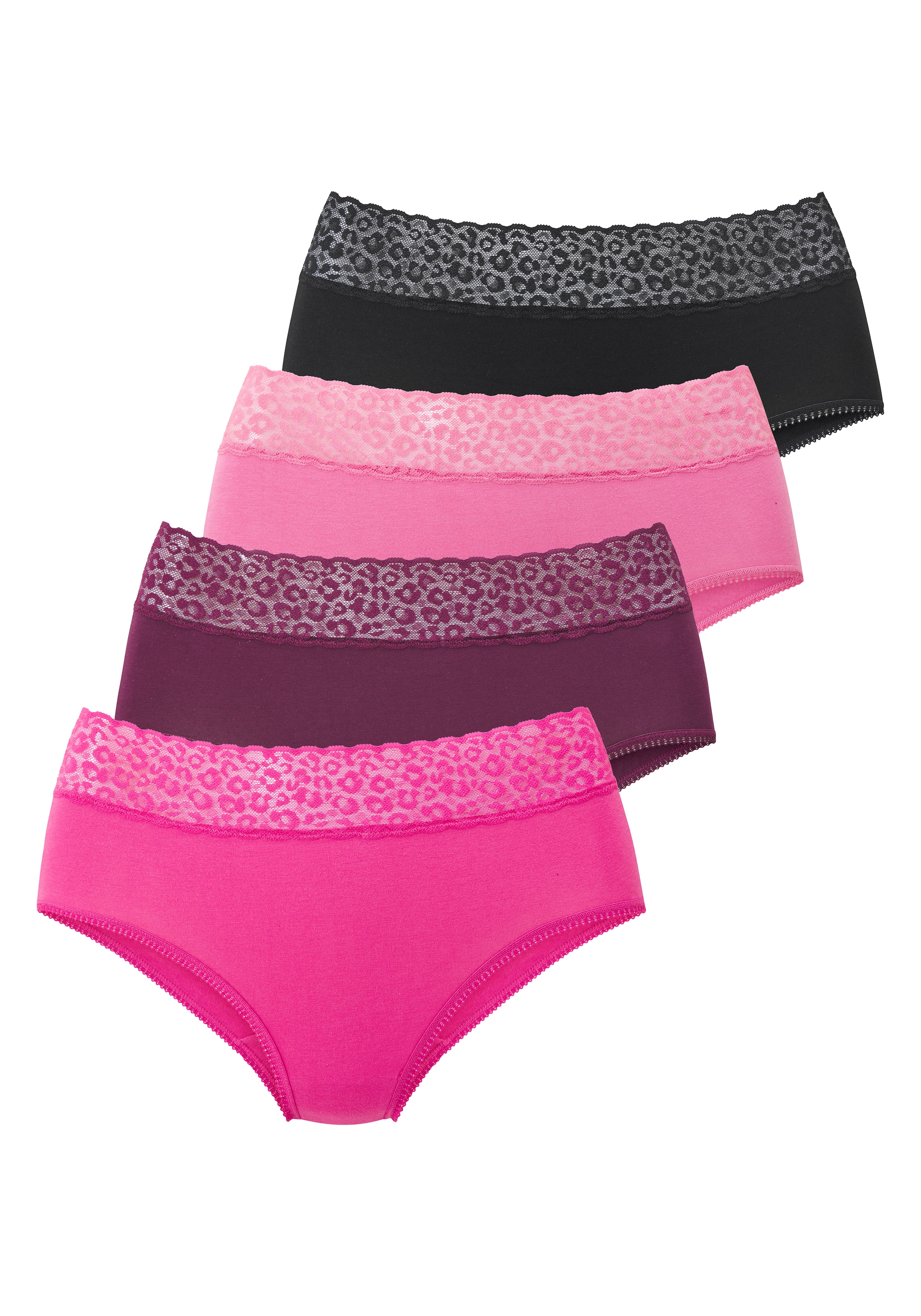 LASCANA Taillenslip 4er Pack,  aus elastischer Baumwolle mit Leo-Spitze am Bund