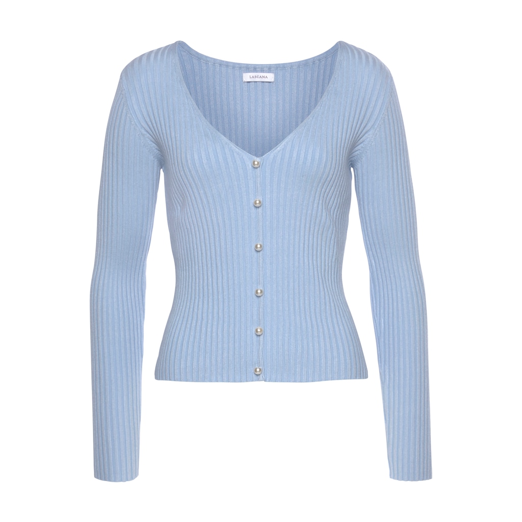 LASCANA V-Ausschnitt-Pullover, mit Zierperlen, figurbetonter Strickpullover, elastisch