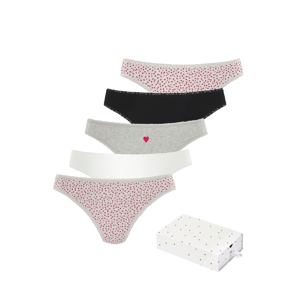 LASCANA String, (5er-Pack), mit süssen Herzchen-Prints und aus elastischer Baumwoll-Qualität