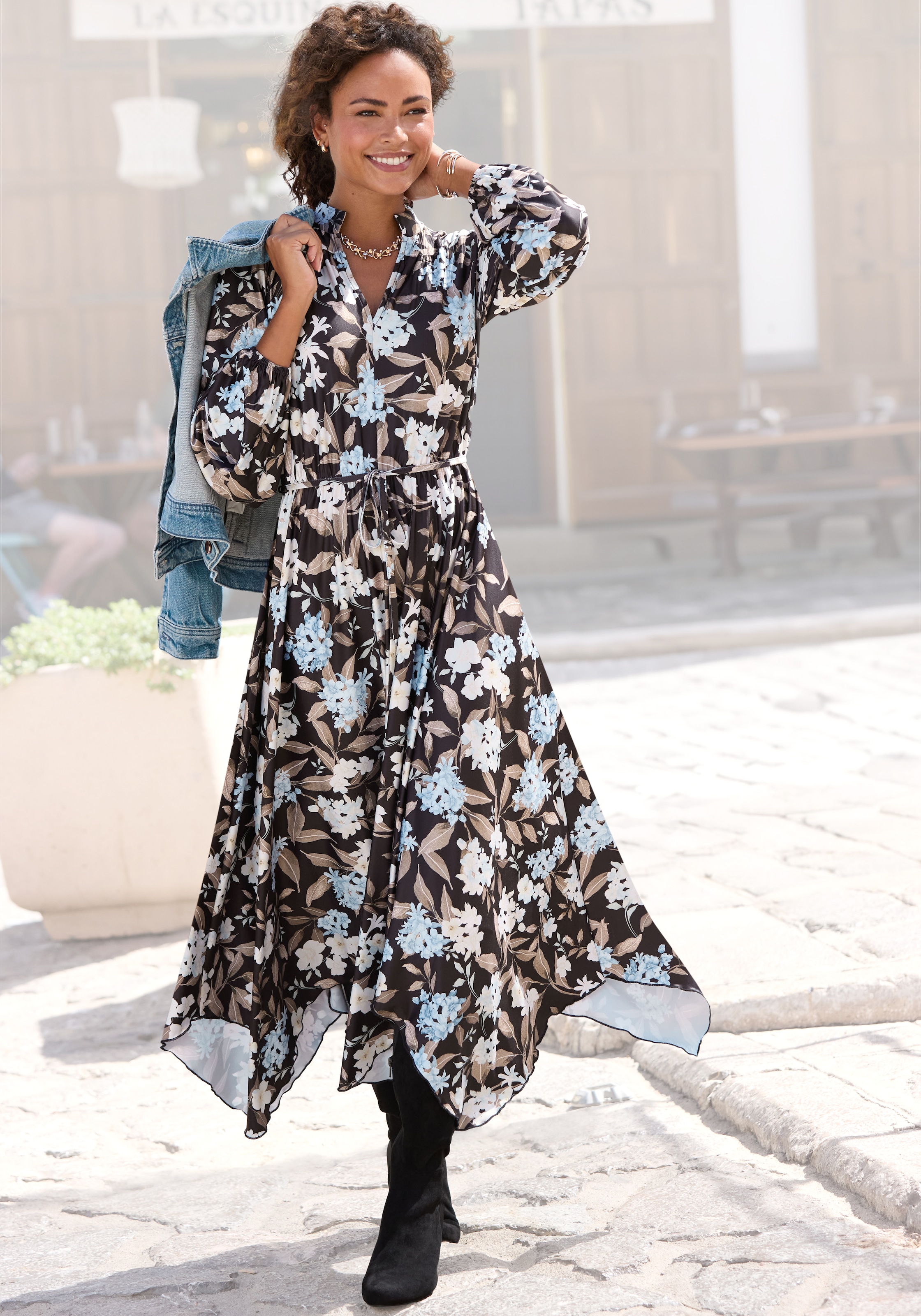 LASCANA Midikleid »aus bügelfreier Qualität mit Blumendruck« Ohne Taschen festlich-elegantes Sommerkleid, tailliertes Druckkleid, Jerseykleid