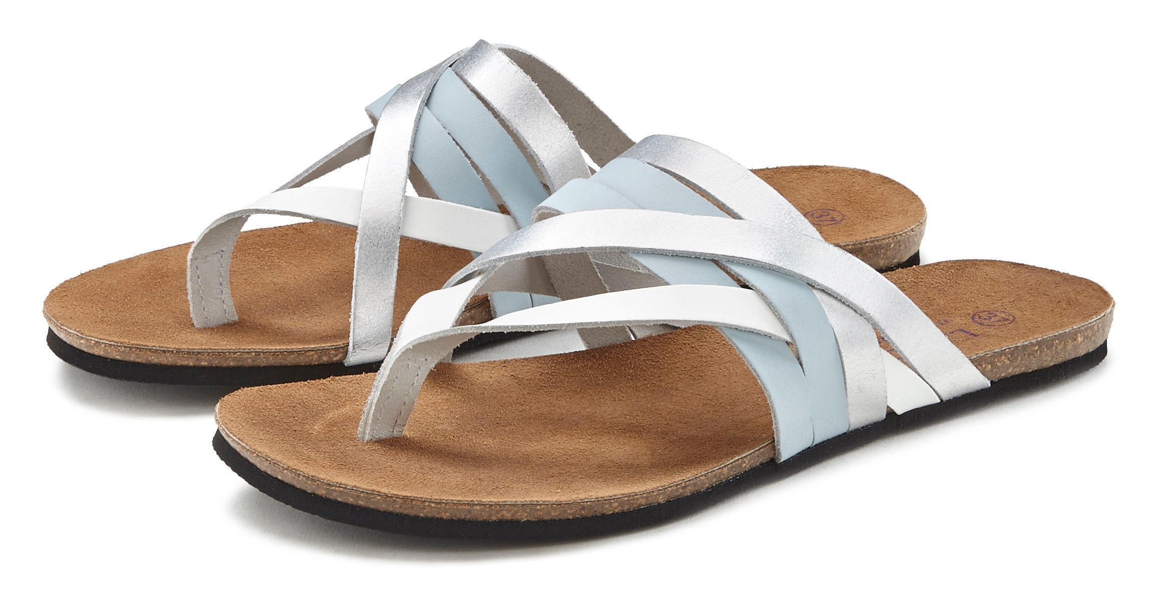 LASCANA Zehentrenner Sandale, Pantolette aus Leder mit Korkfussbett
