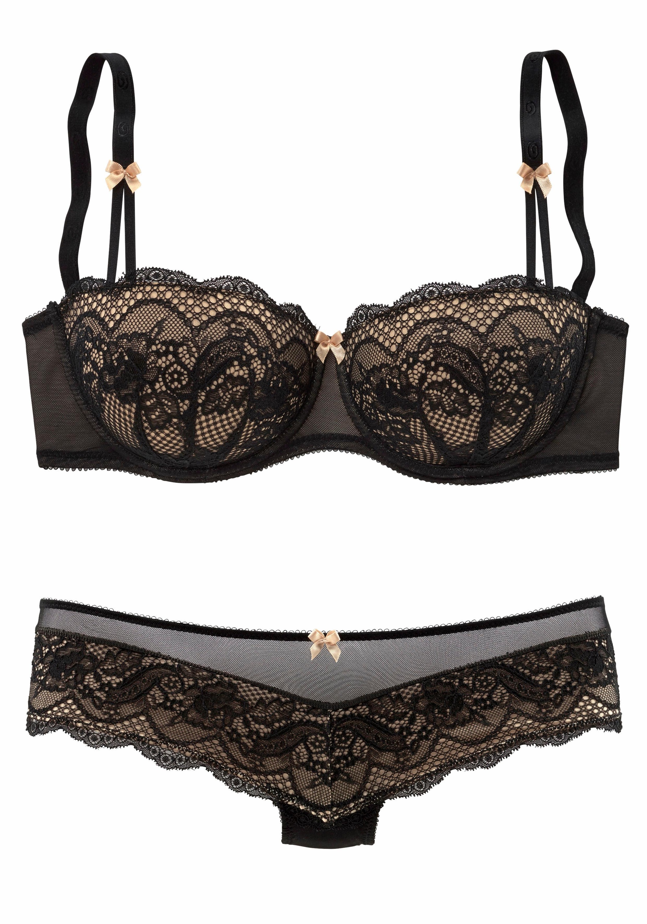s.Oliver Set: Schalen-BH Set, mit Low Waist Panty, 2 Stk. mit feiner, blumiger Spitze und zarten Zierschleifen, sexy Dessous